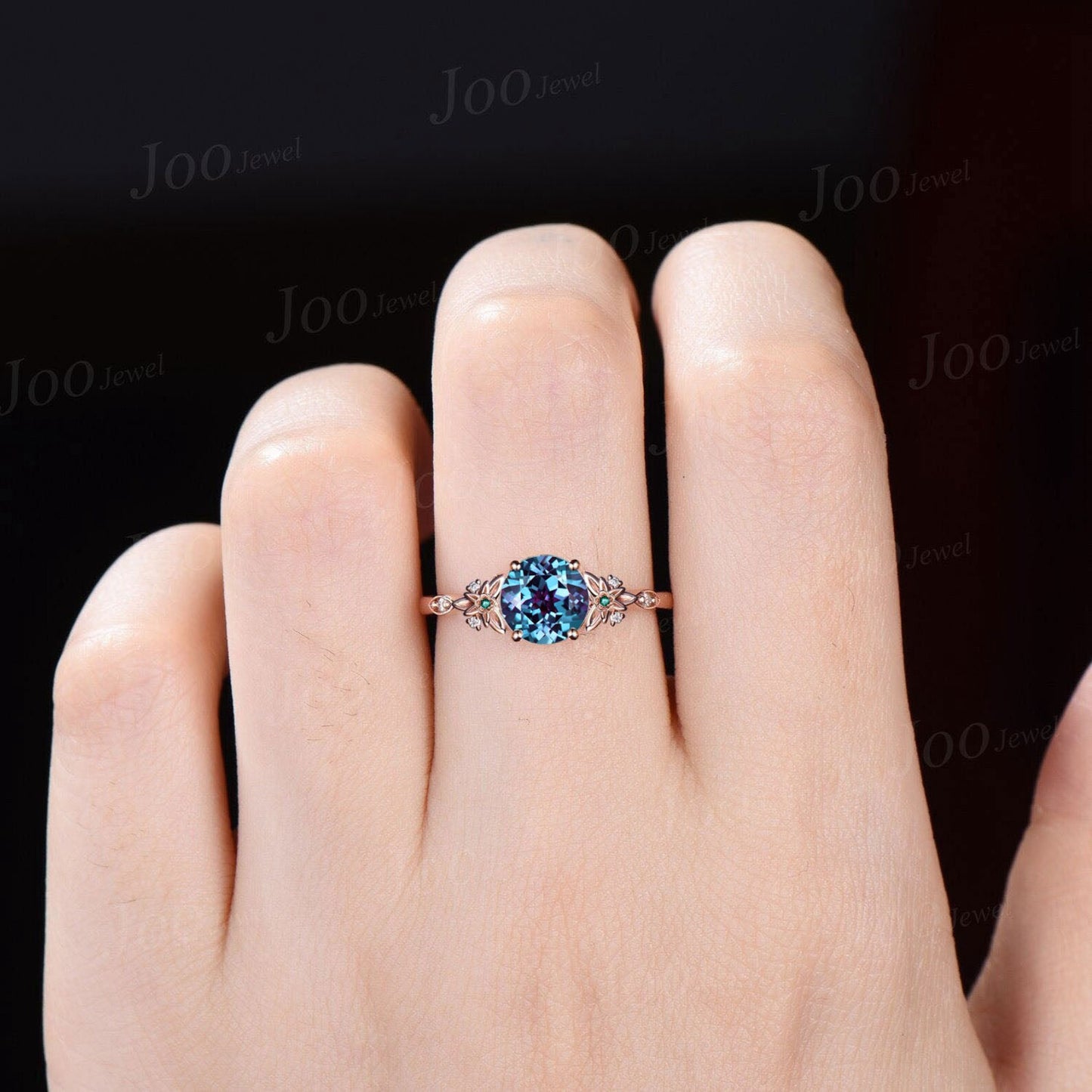 Vintage Kite Alexandrite Engagement Ring Rose Gold Leaf Flower Emerald Ring for Women Unique Cluster Diamond Art Deco Bridal Wedding Ring
