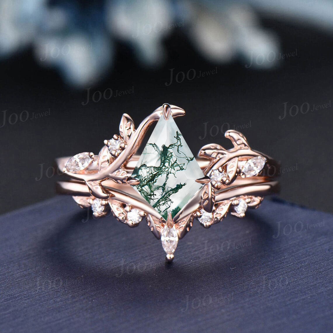 1ct Skype Kite Natural Moss Agate Wedding Ring 14K Rose Gold Moss Diamond Engagement Ring For Women Vintage Kite Bridal Wedding Gifts Ring