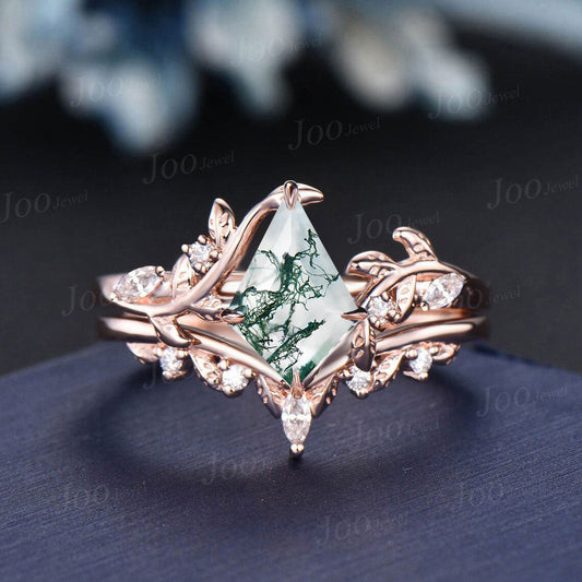 1ct Skype Kite Natural Moss Agate Wedding Ring 14K Rose Gold Moss Diamond Engagement Ring For Women Vintage Kite Bridal Wedding Gifts Ring