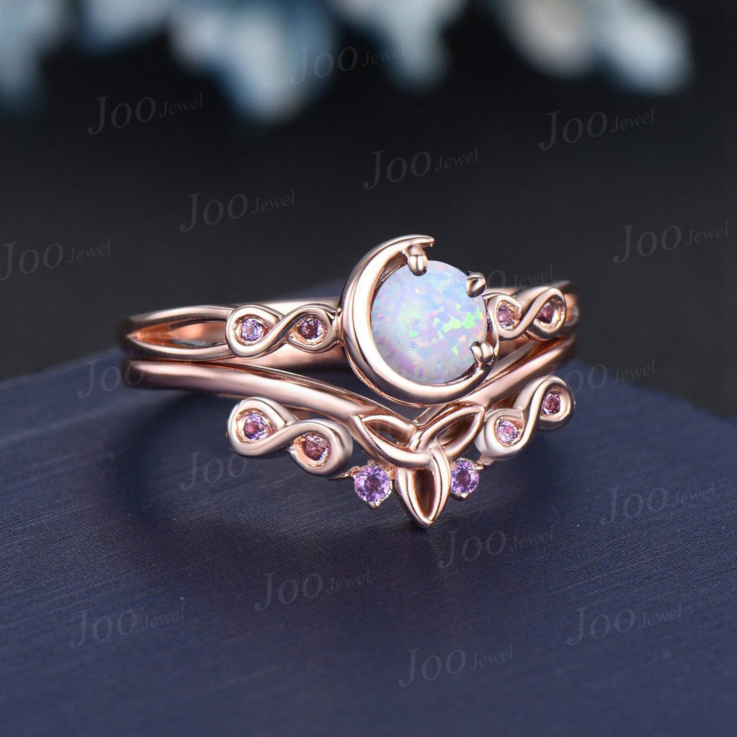 Unique Infinity Bridal Set 5mm Round White Fire Opal Engagement Ring Set Cluster Amethyst Ring Celtic Trinity Knot Infinity Wedding Ring Set