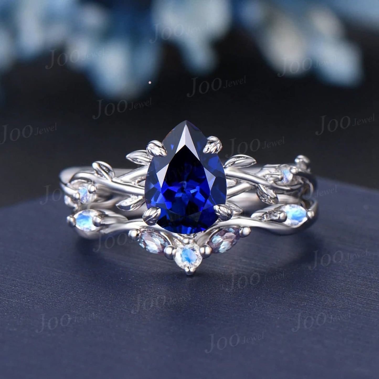 1.25ct Twig Vine Pear Blue Sapphire Bridal Set Sterling Silver Twig Vine Moonstone Alexandrite Wedding Ring September Birthstone Birthday Gifts