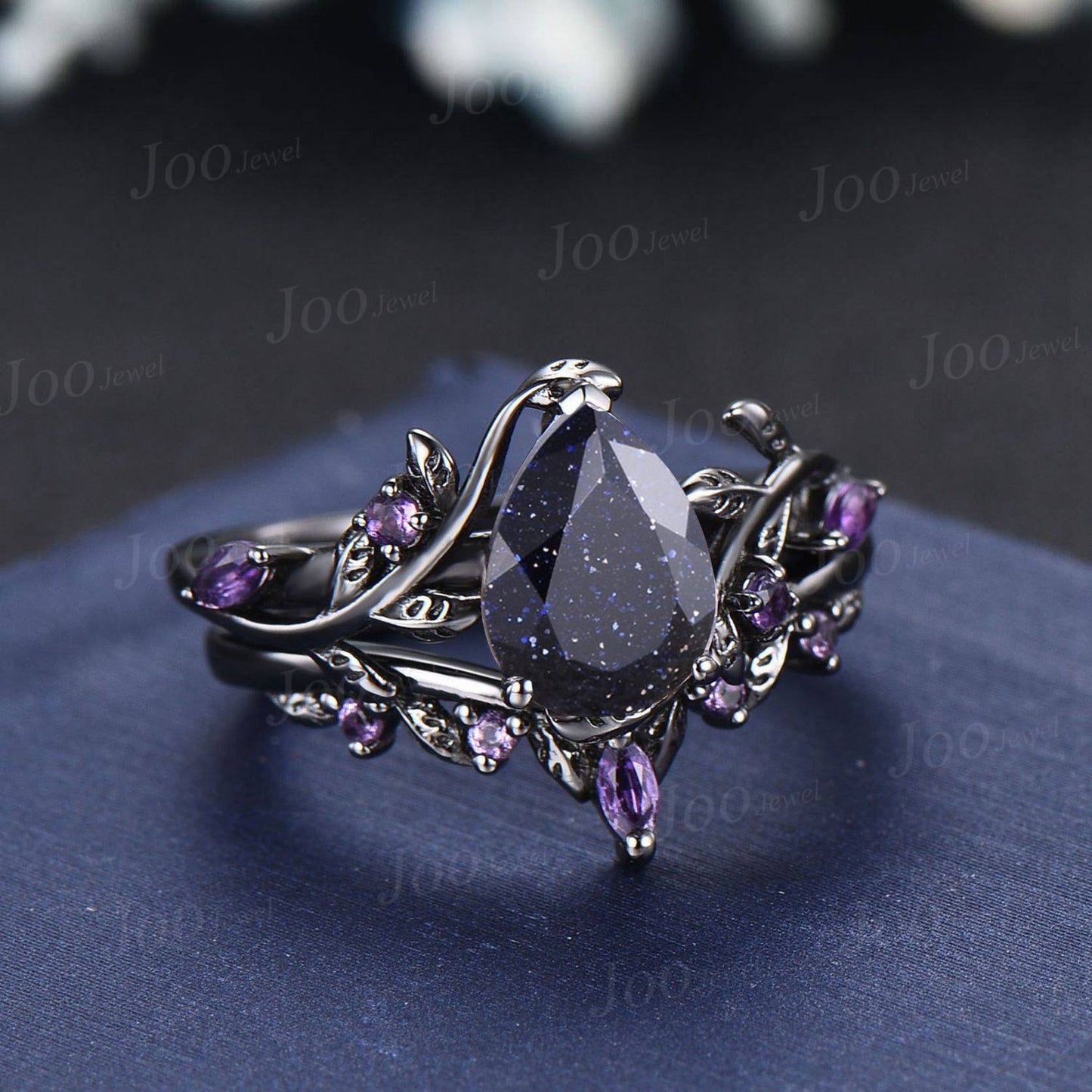 Pear Galaxy Blue Sandstone Amethyst Engagement Ring Set Vintage 14k Black Gold Wedding Ring Starry Sky Blue Goldstone Bridal Ring for Women