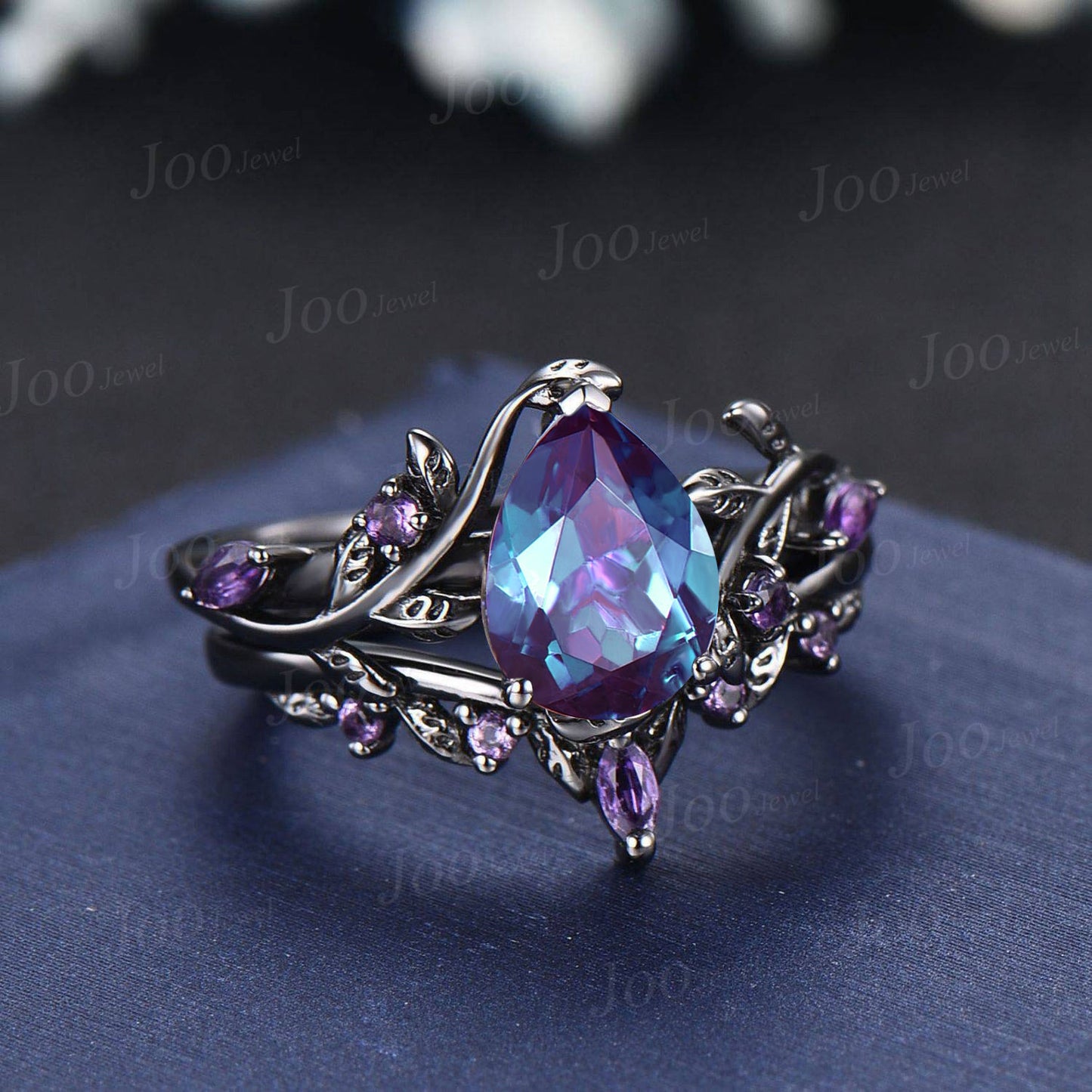 Gothic 14K Black Gold Color-Change Alexandrite Amethyst Bridal Set Nature Inspired Pear Wedding Ring Set for Women Unique Anniversary Gifts
