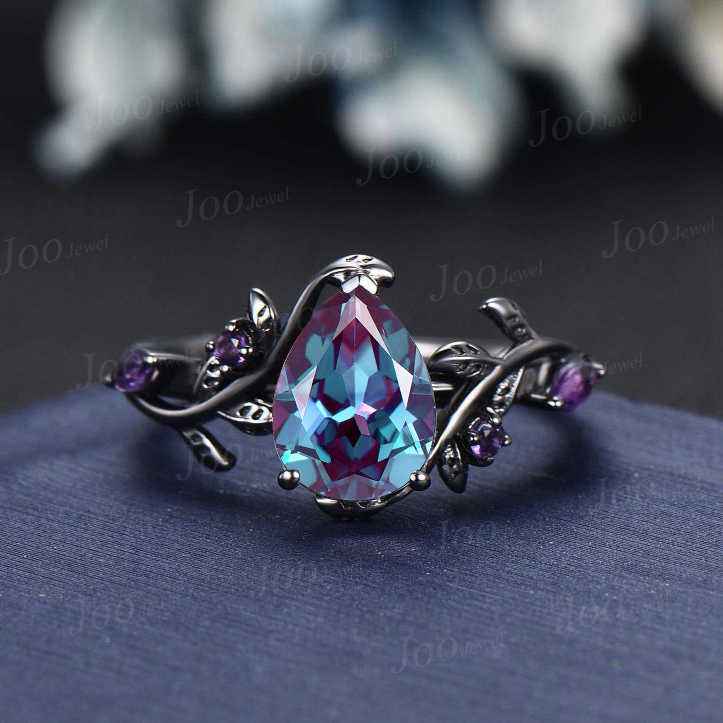 Gothic 14K Black Gold Color-Change Alexandrite Amethyst Bridal Set Nature Inspired Pear Wedding Ring Set for Women Unique Anniversary Gifts