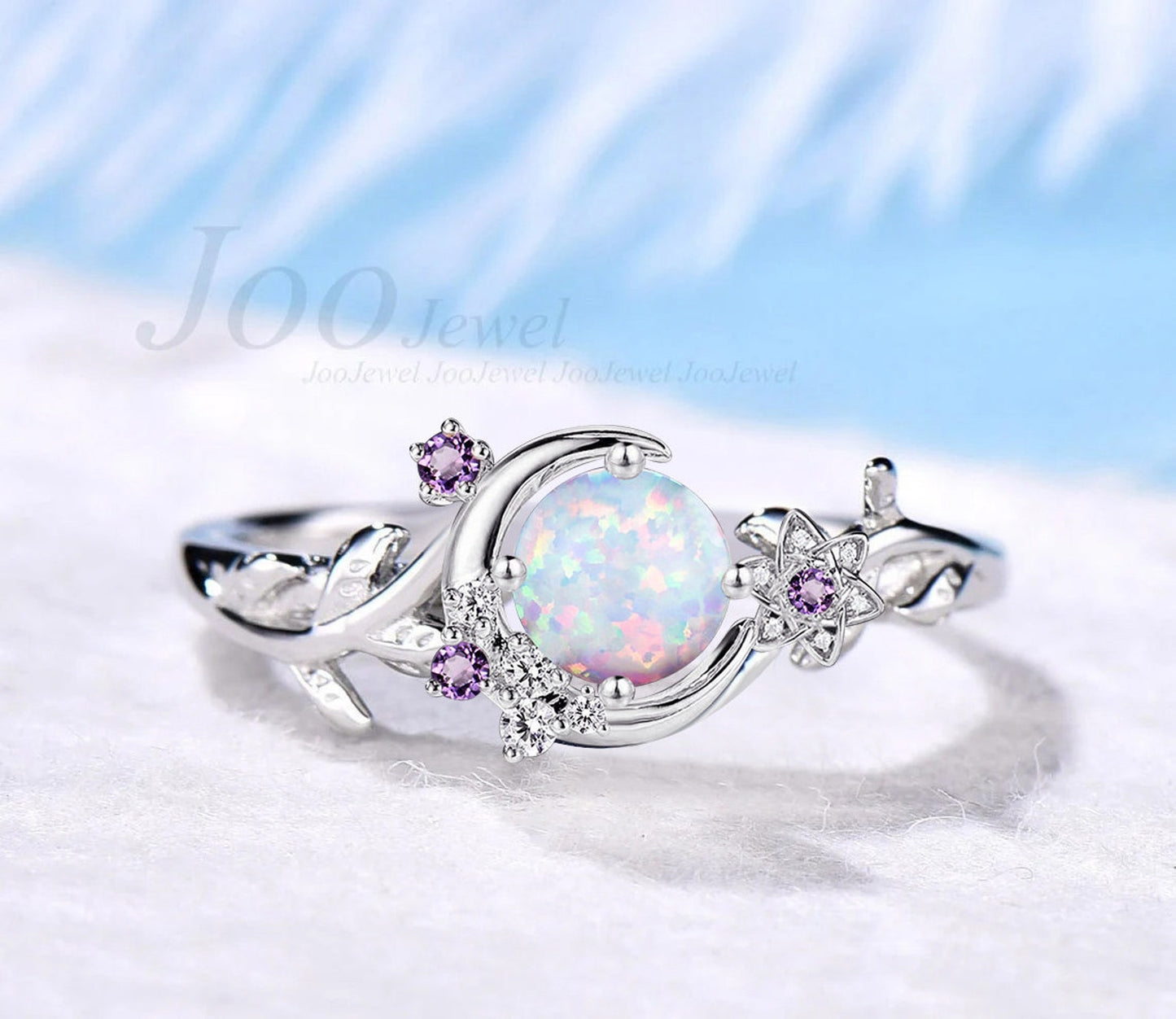 Crescent Moon Design White Opal Wedding Ring Round Cut Opal Ring Vintage Leaf Branch Star Flower Amethyst Dainty Cluster Promise Ring for Her
