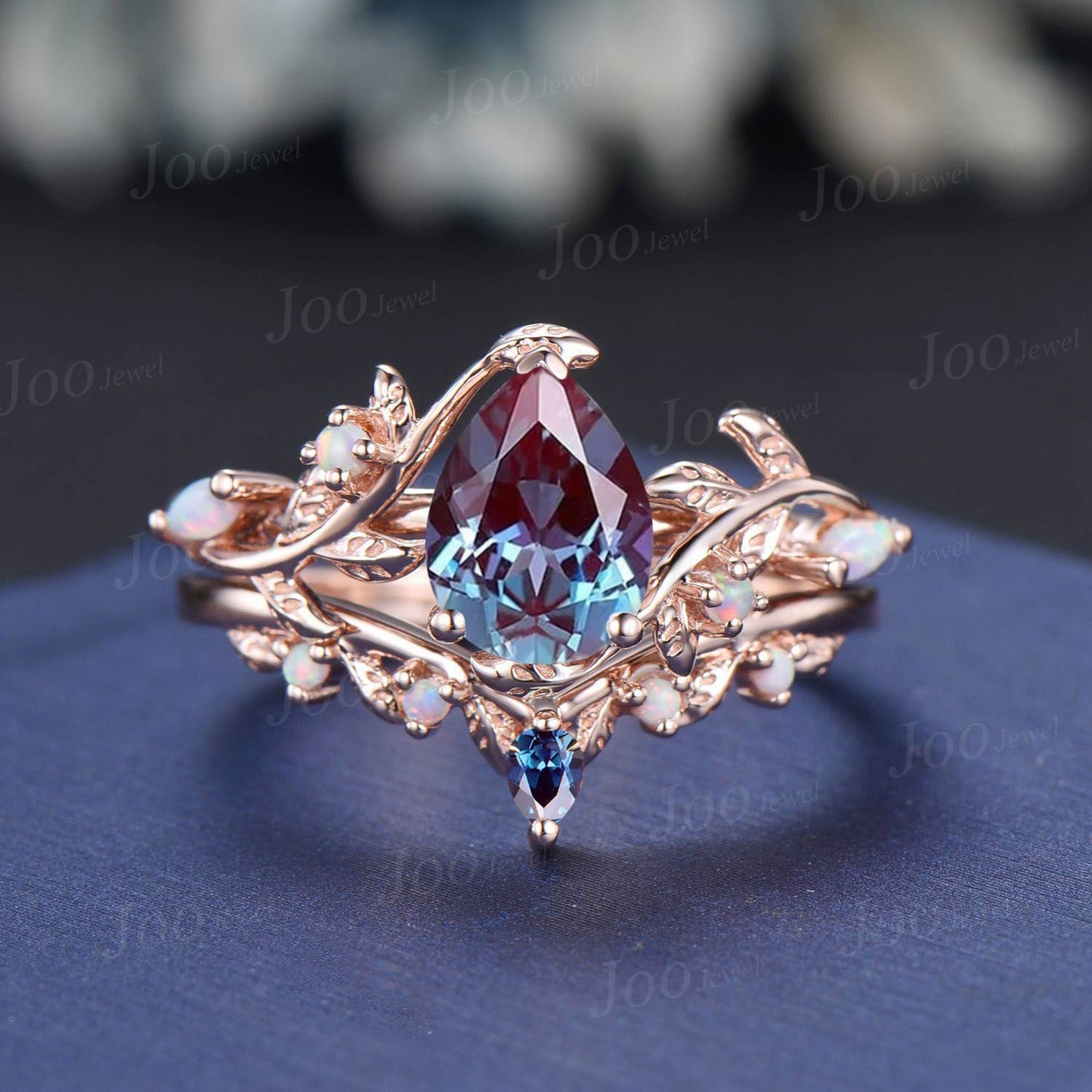 Vintage Pear Alexandrite Engagement Ring Set Antique 14K Black Gold Bridal Set for Women Vine Twig Ring Unique Anniversary Promise Ring Gift