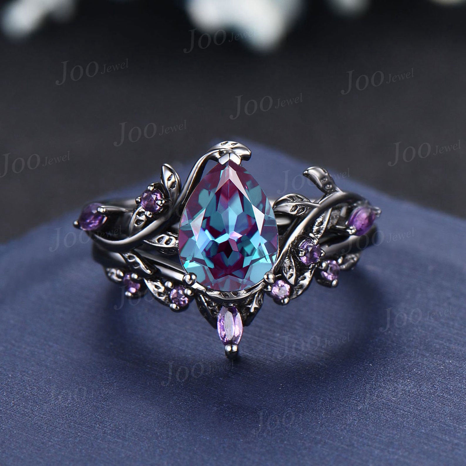 Gothic 14K Black Gold Color-Change Alexandrite Amethyst Bridal Set Nat