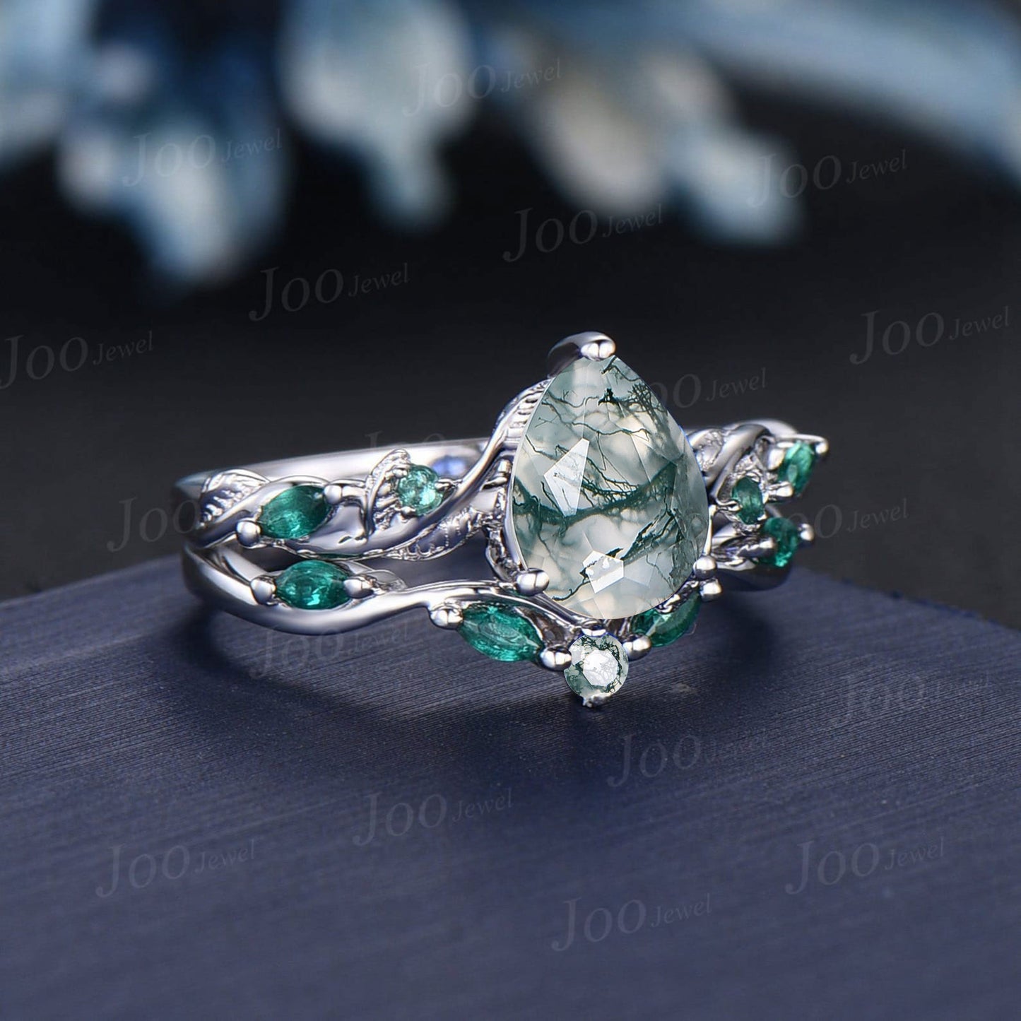 Twisted Twig Vine Pear Green Moss Agate Emerald Engagement Ring Set 14K White Gold Antique Vintage Nature Inspired Agate Promise Ring Women