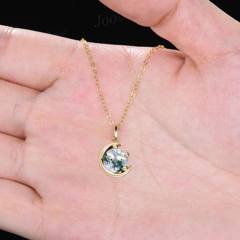Dainty 5mm Round Cut Natural Moss Agate Pendant Necklace Silver/14K Solid Gold Green Gemstone Wedding Necklace Unique Celestial Moon Jewelry