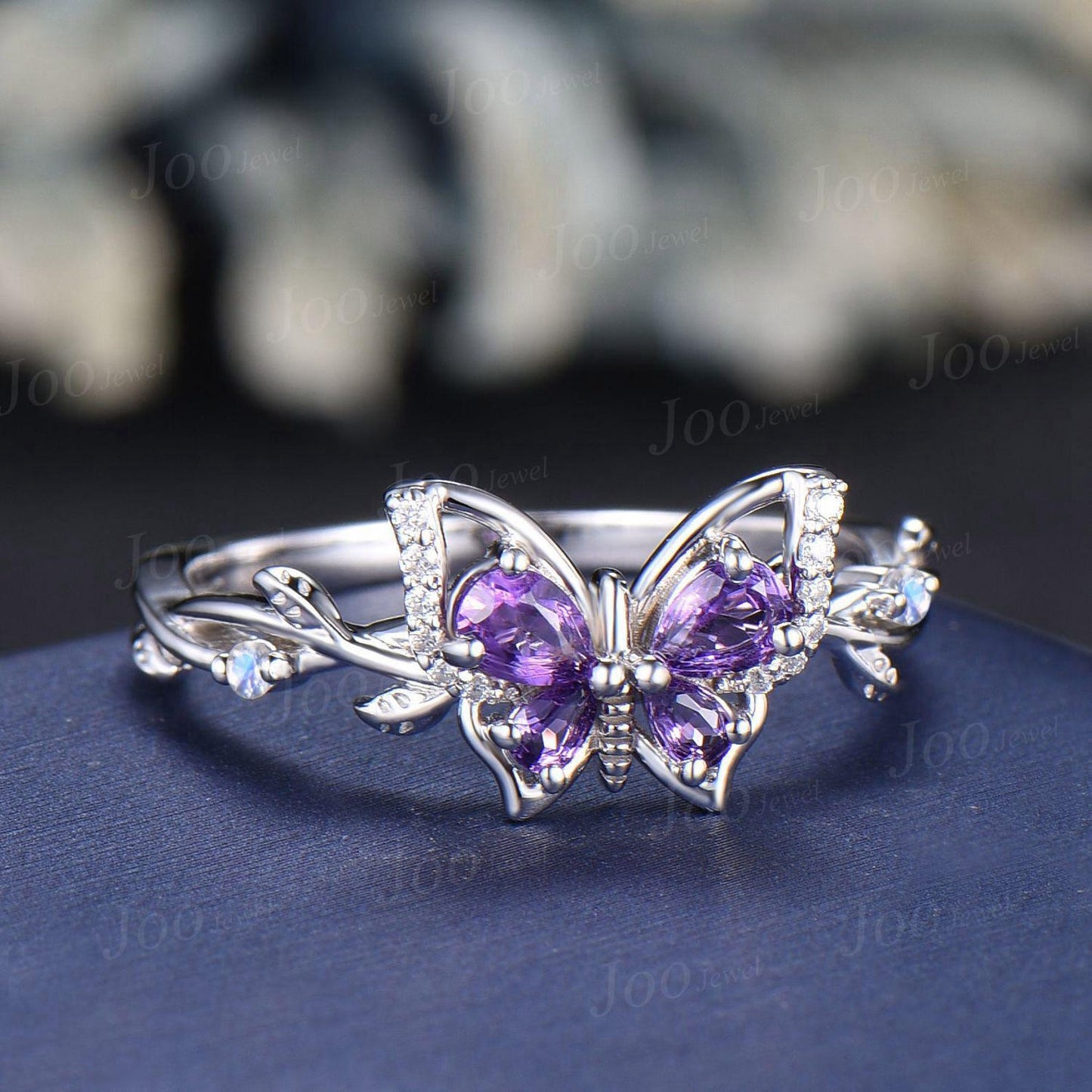 Nature Inspired Butterfly Promise Ring Pear Natural Amethyst Ring Silver Twig Vine Wedding Ring Unique February Birthstone Birthday Gifts