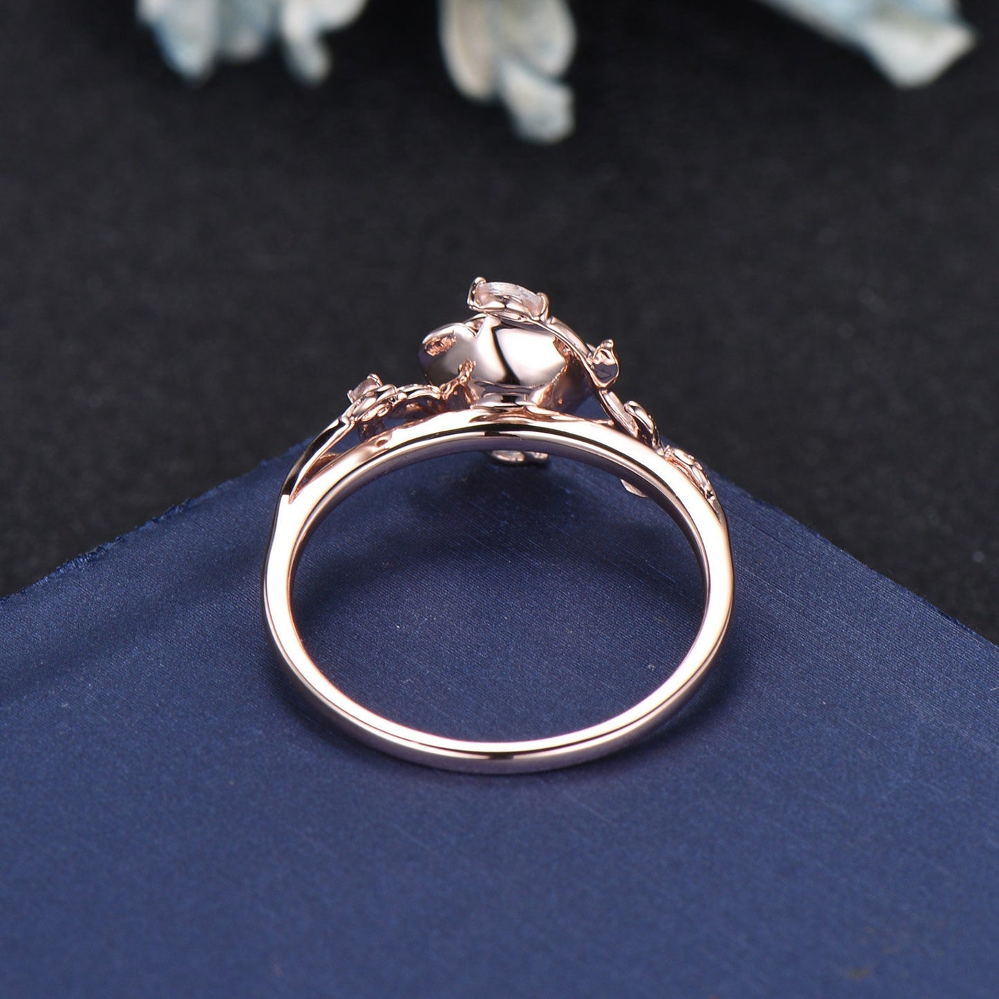 Rose Flower Engagement Ring 5mm Round Color-Change Alexandrite Moonstone Wedding Ring Rose Gold Branch Leaf Ring Women June Birthstone Gifts