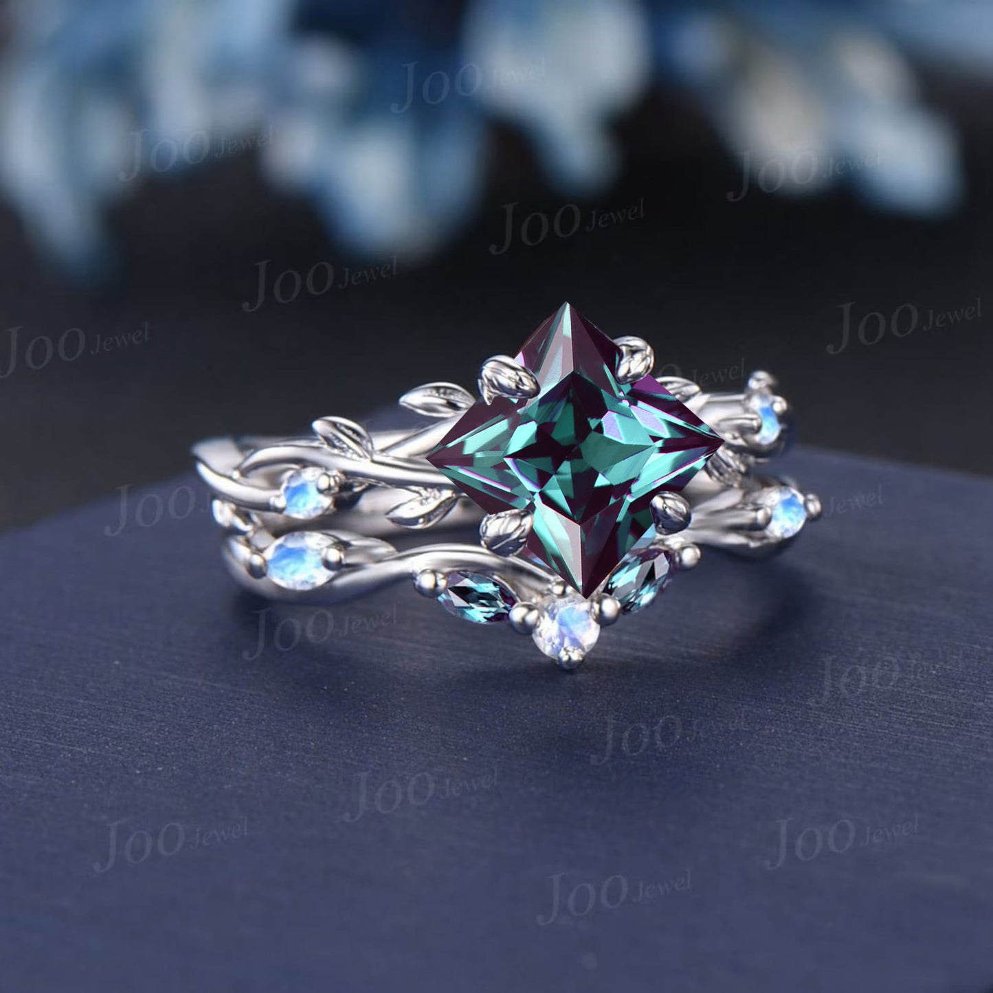 Twig Vine Color-Change Alexandrite Moonstone Bridal Set Sterling Silver Princess Alexandrite Ring Set Unique June Birthstone Wedding Gifts
