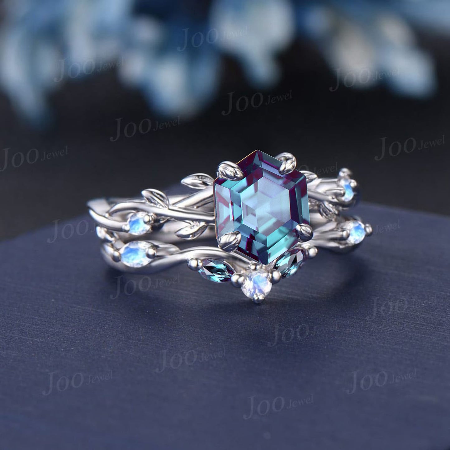 Nature Inspired Color-Change Alexandrite Moonstone Bridal Set 7mm Hexagon Alexandrite Twig Vine Promise Ring June Birthstone Birthday Gifts
