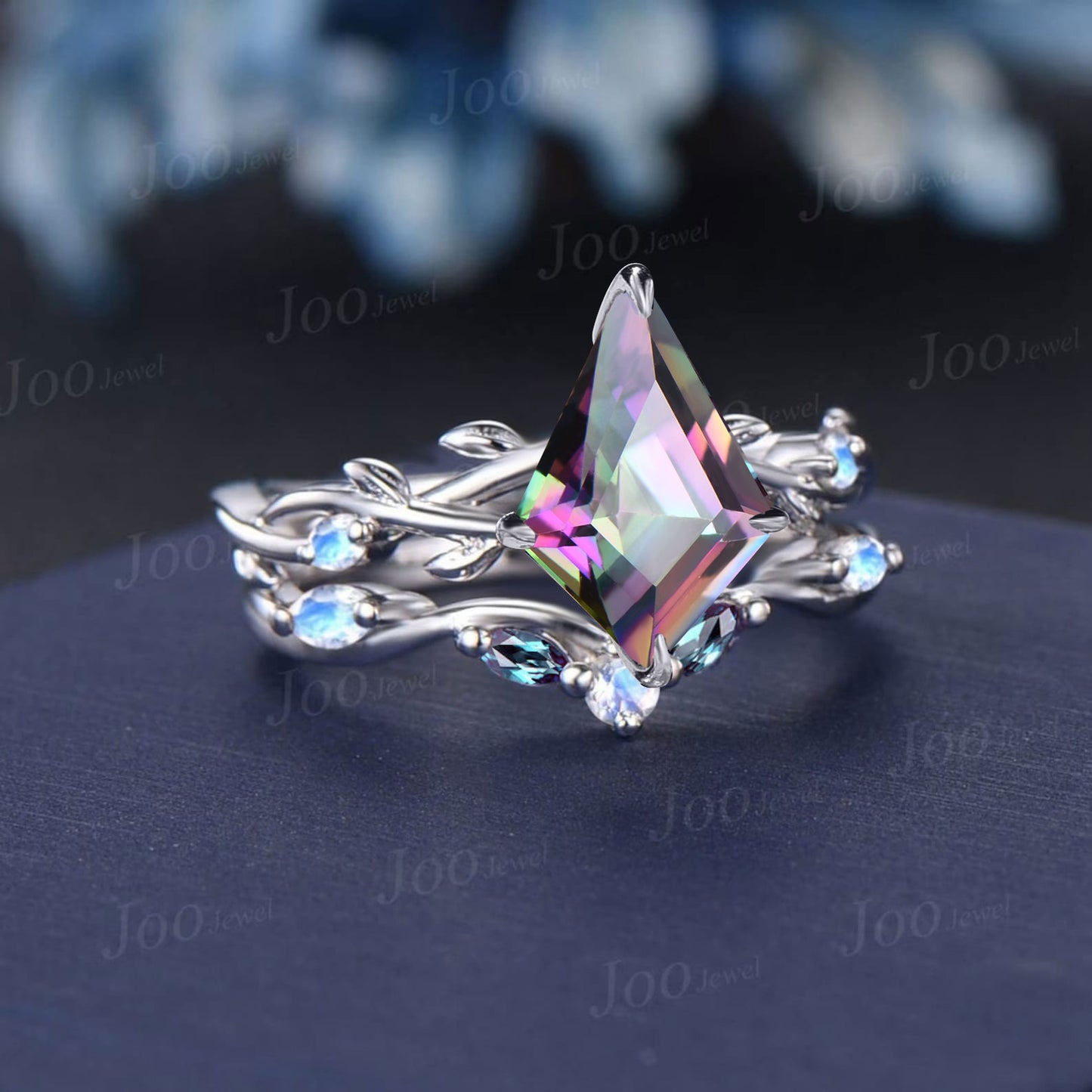 Black Gold Rainbow Mystic Topaz Moonstone Wedding Ring Set Kite Cut Mystic Topaz Bridal Set Unique Art Deco Alexandrite Twig Vine Leaf Ring
