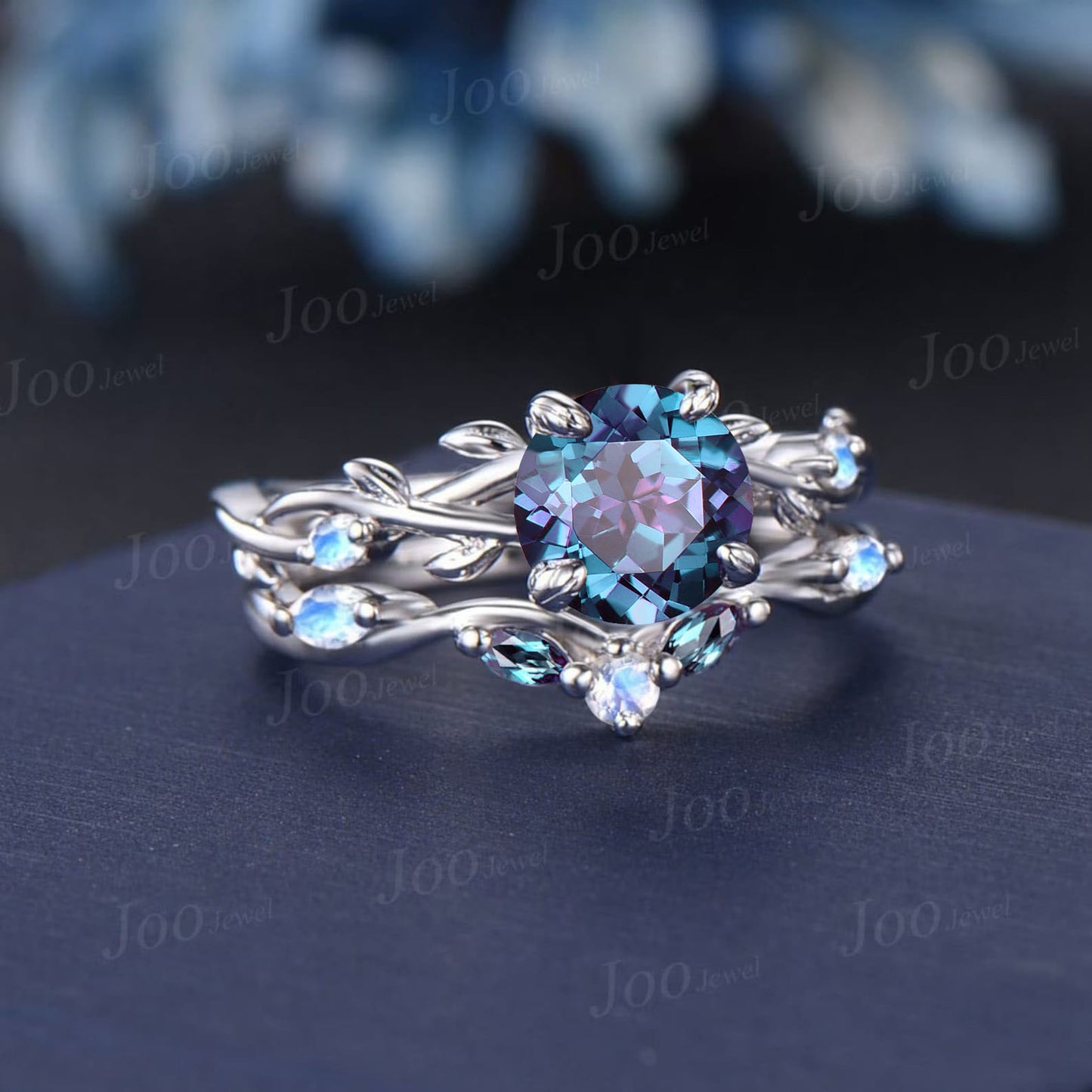 1.2ct Round Alexandrite Ring Set 14K Black Gold Nature Inspired Color-Change Alexandrite Moonstone Bridal Set Twig Vine Promise Ring Women