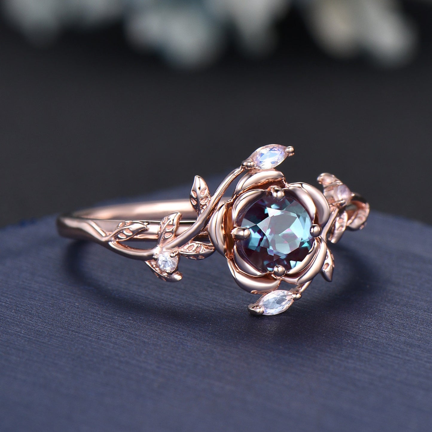 Rose Flower Engagement Ring 5mm Round Color-Change Alexandrite Moonstone Wedding Ring Rose Gold Branch Leaf Ring Women June Birthstone Gifts
