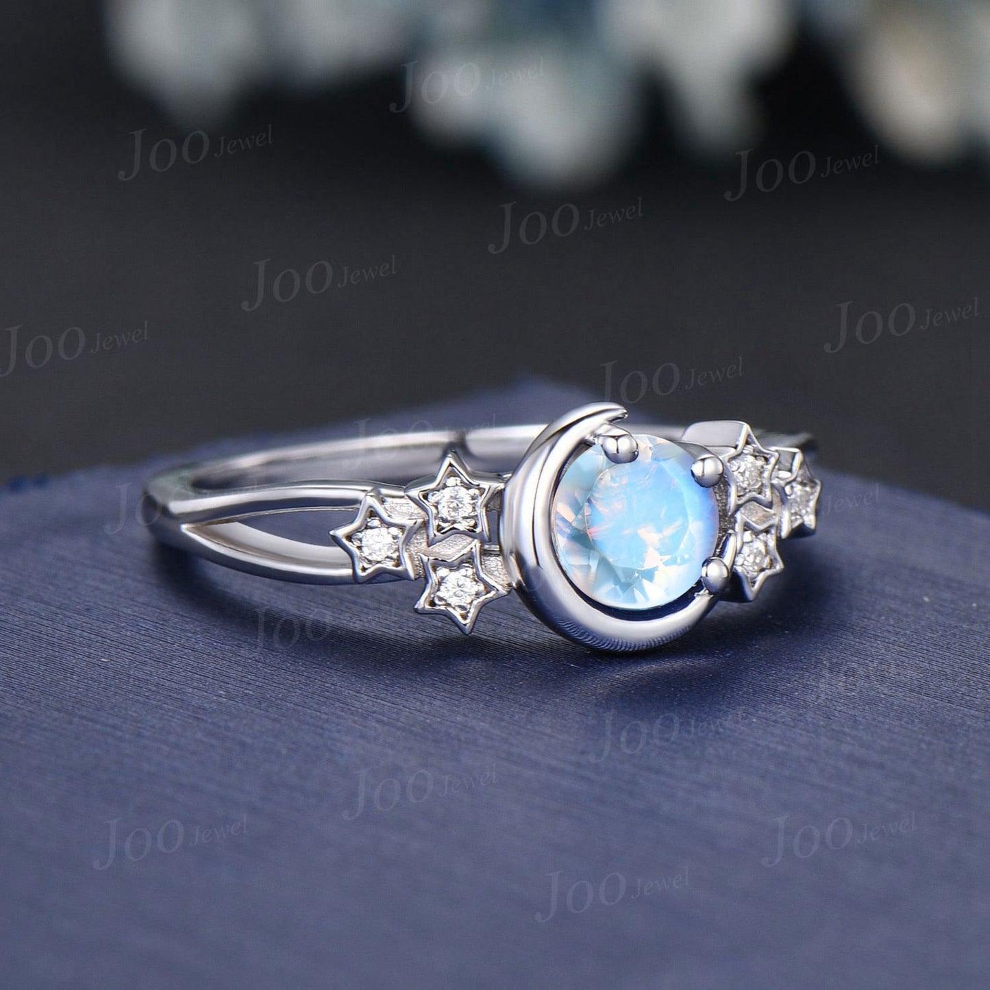 Round Natural Moonstone Promise Ring Rainbow Moonstone Moon Engagement Ring Sterling Silver Split Shank Cluster Star Wedding Ring for Women