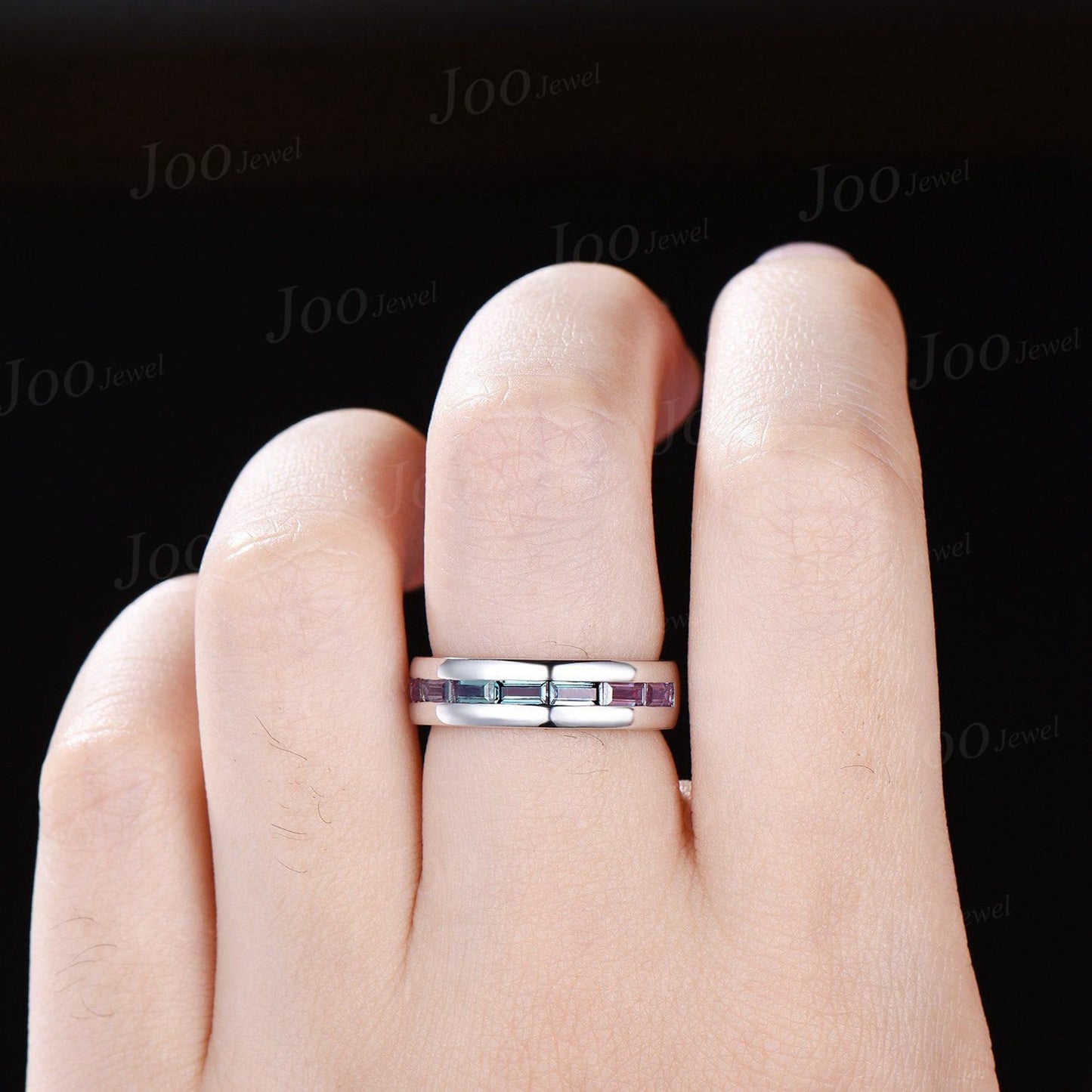 Mens Alexandrite Polish Finish Wedding Band Baguette Cut Alexandrite Band 6mm Solid Gold Vintage Half Eternity Band Men Solitaire Retro Ring