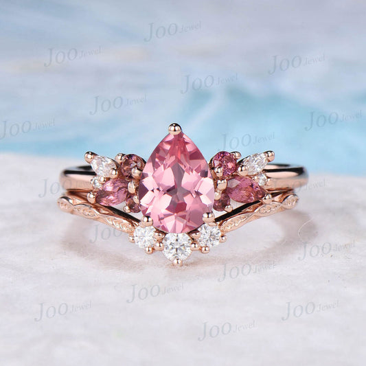 1.25ct Pear Cut Pink Padparadscha Engagement Ring Real Pink Tourmaline Moissanite Cluster Bridal Set Twig Vine Band Anniversary Gifts Women