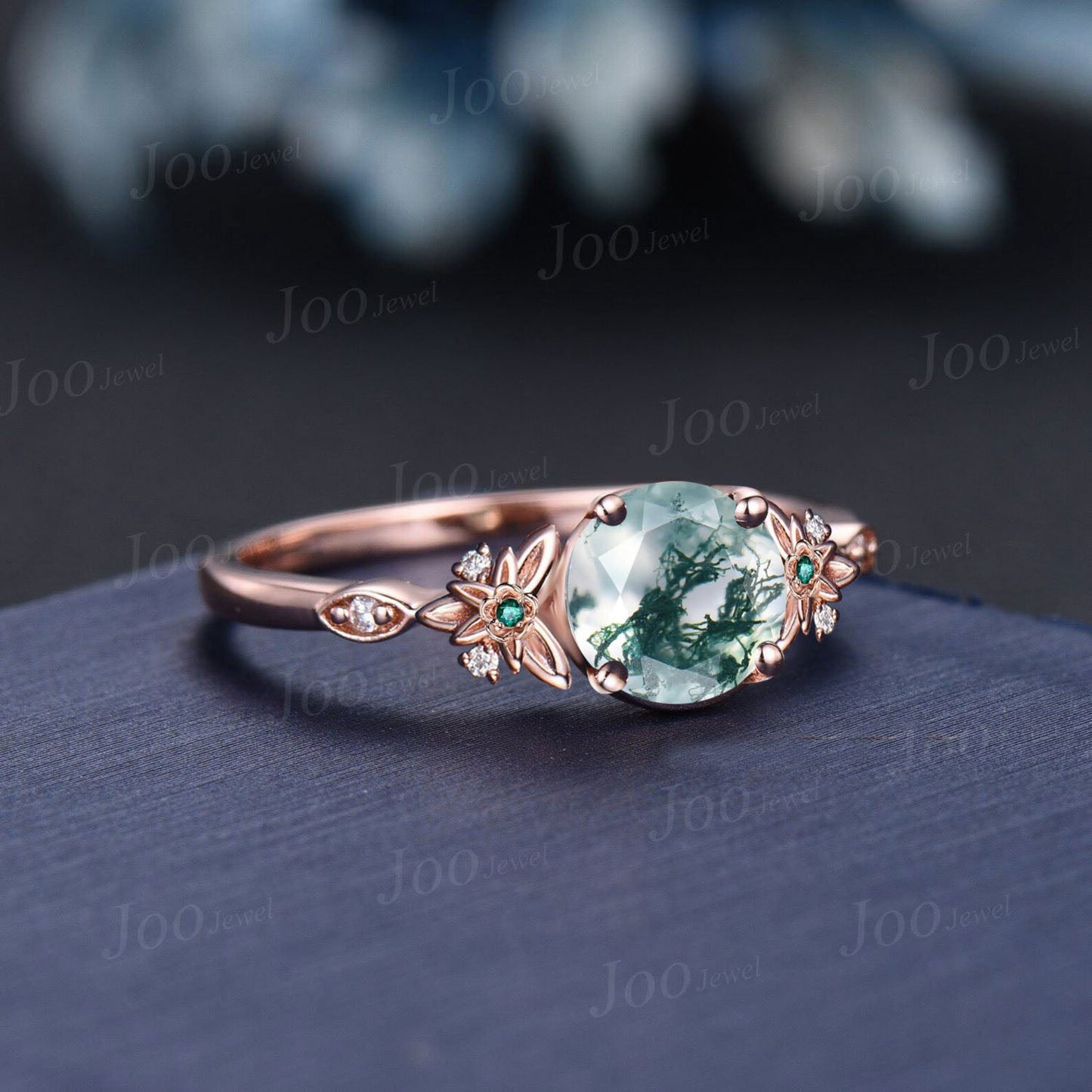 Vintage Oval Natural Green Moss Agate Emerald Engagement Ring Rose Gold Twig Leaf Floral Antique Unique Cluster Diamond Bridal Wedding Ring