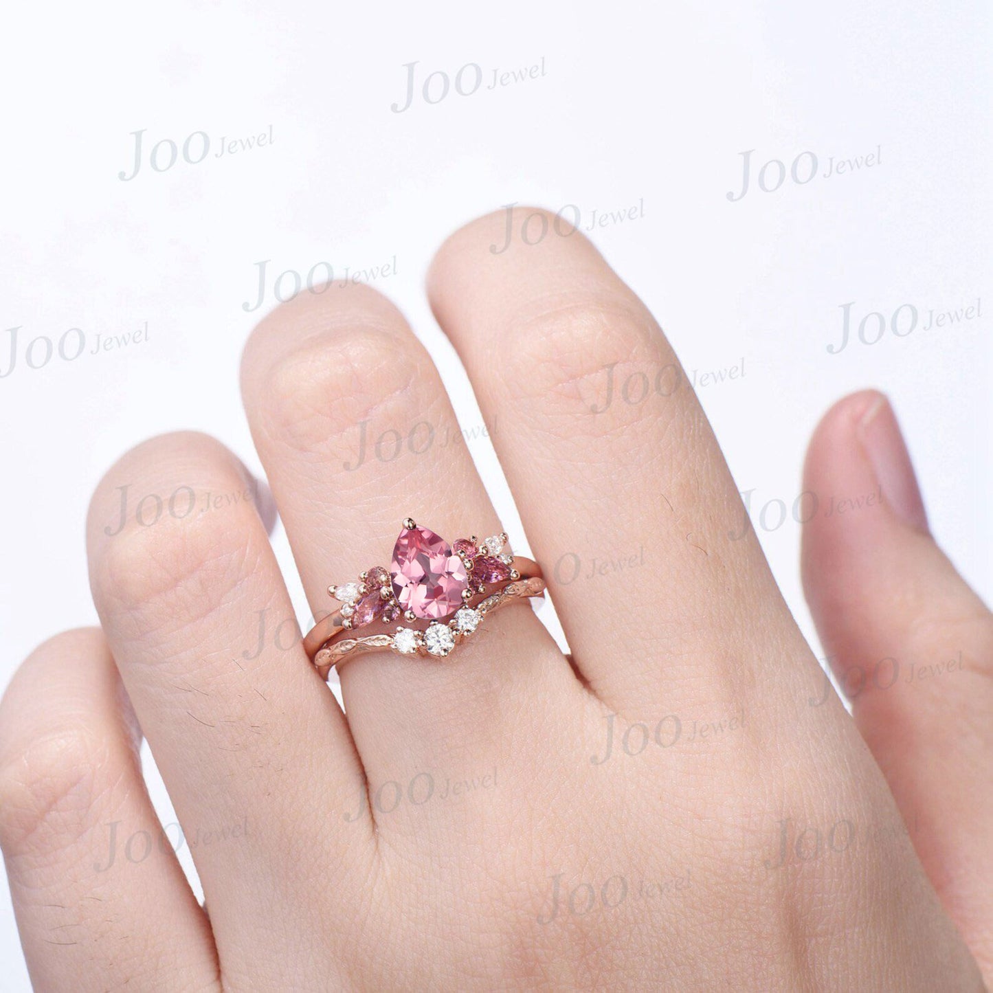 1.25ct Pear Cut Pink Padparadscha Engagement Ring Real Pink Tourmaline Moissanite Cluster Bridal Set Twig Vine Band Anniversary Gifts Women