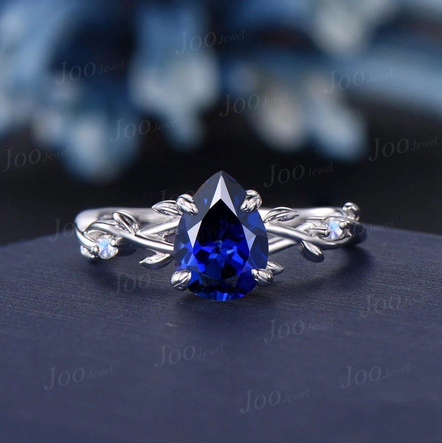 1.25ct Twig Vine Pear Blue Sapphire Bridal Set Sterling Silver Twig Vine Moonstone Alexandrite Wedding Ring September Birthstone Birthday Gifts