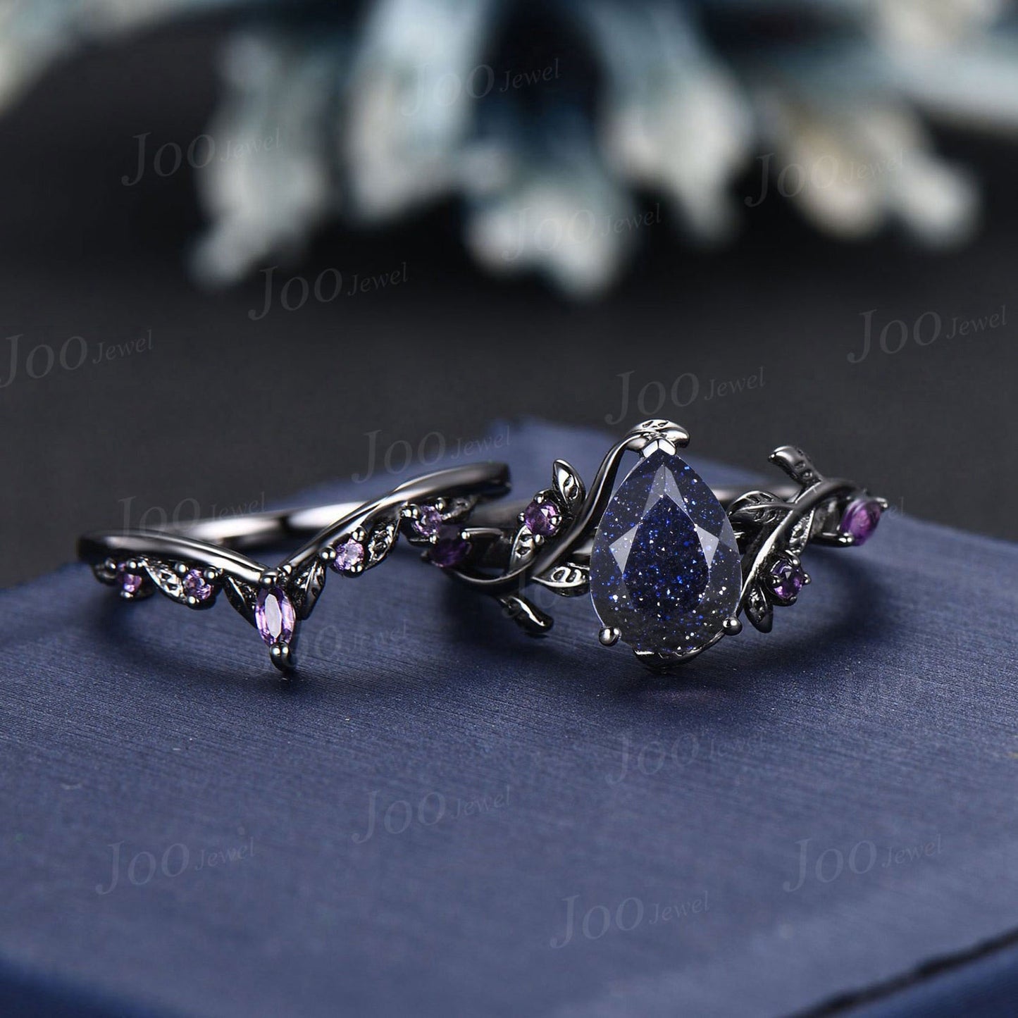 Pear Galaxy Blue Sandstone Amethyst Engagement Ring Set Vintage 14k Black Gold Wedding Ring Starry Sky Blue Goldstone Bridal Ring for Women