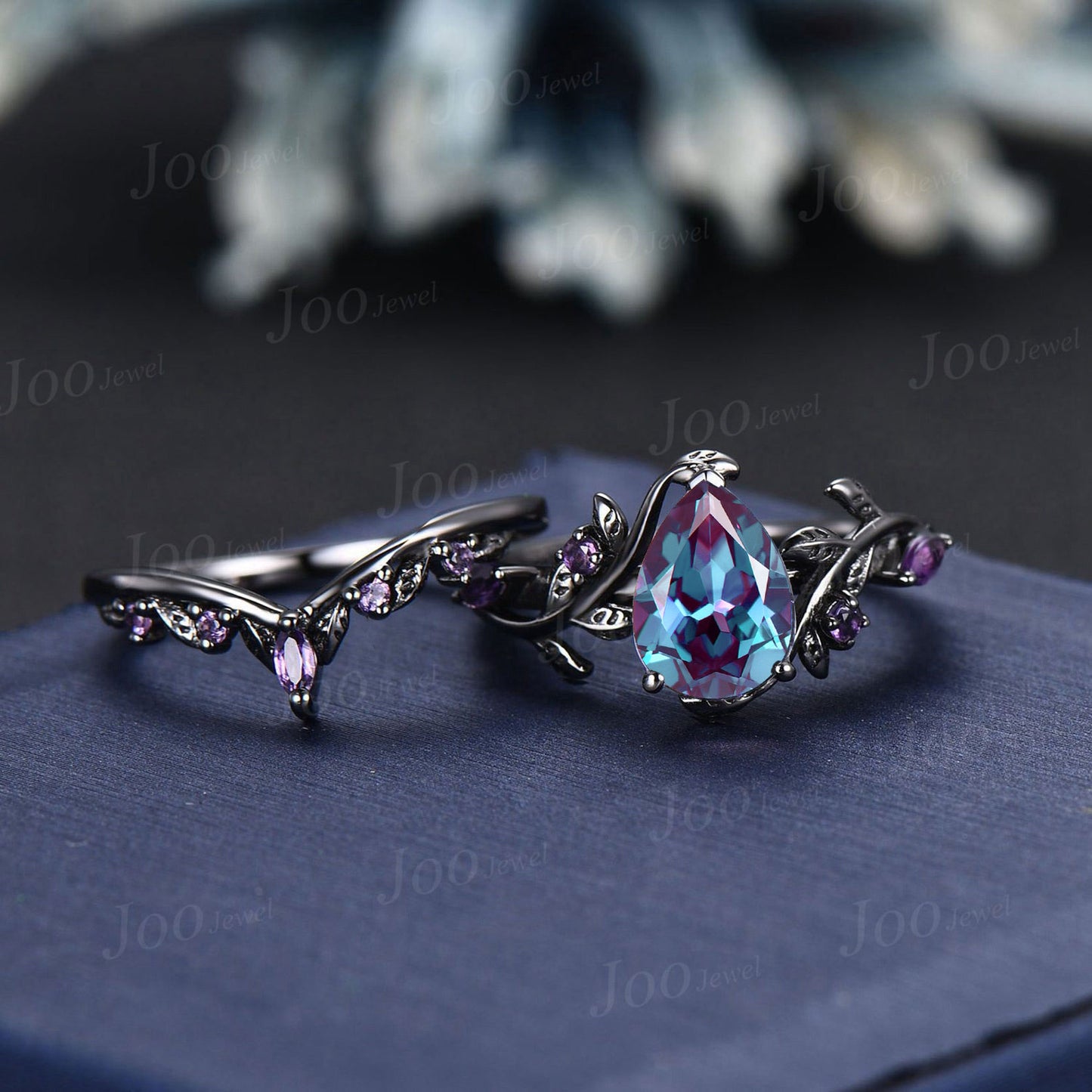 Gothic 14K Black Gold Color-Change Alexandrite Amethyst Bridal Set Nature Inspired Pear Wedding Ring Set for Women Unique Anniversary Gifts