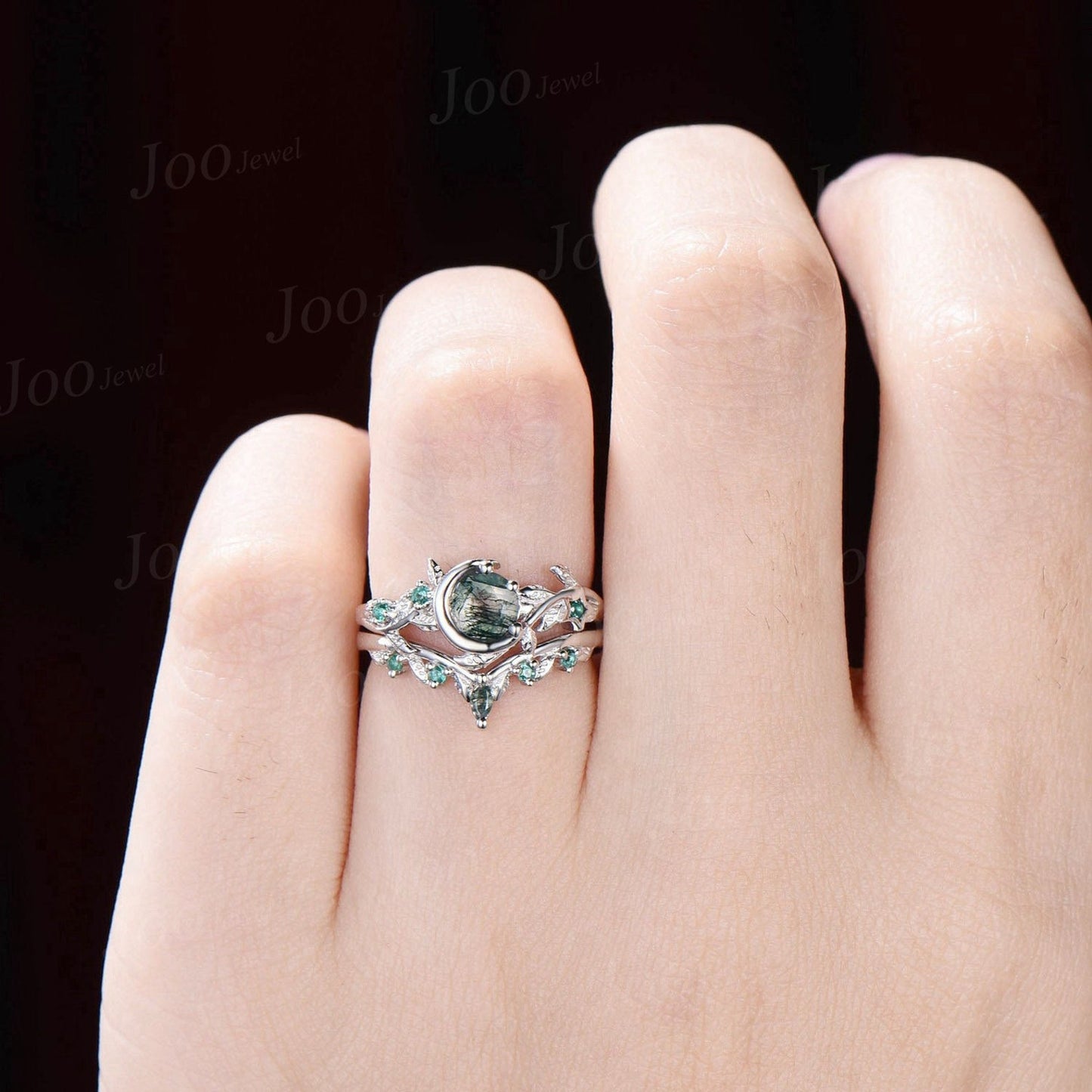 Nature Inspired Natural Green Moss Agate Emerald Ring Set Vintage 5mm Round Moss Agate Moon Engagement Ring Leaf Branch Bypass Wedding Ring
