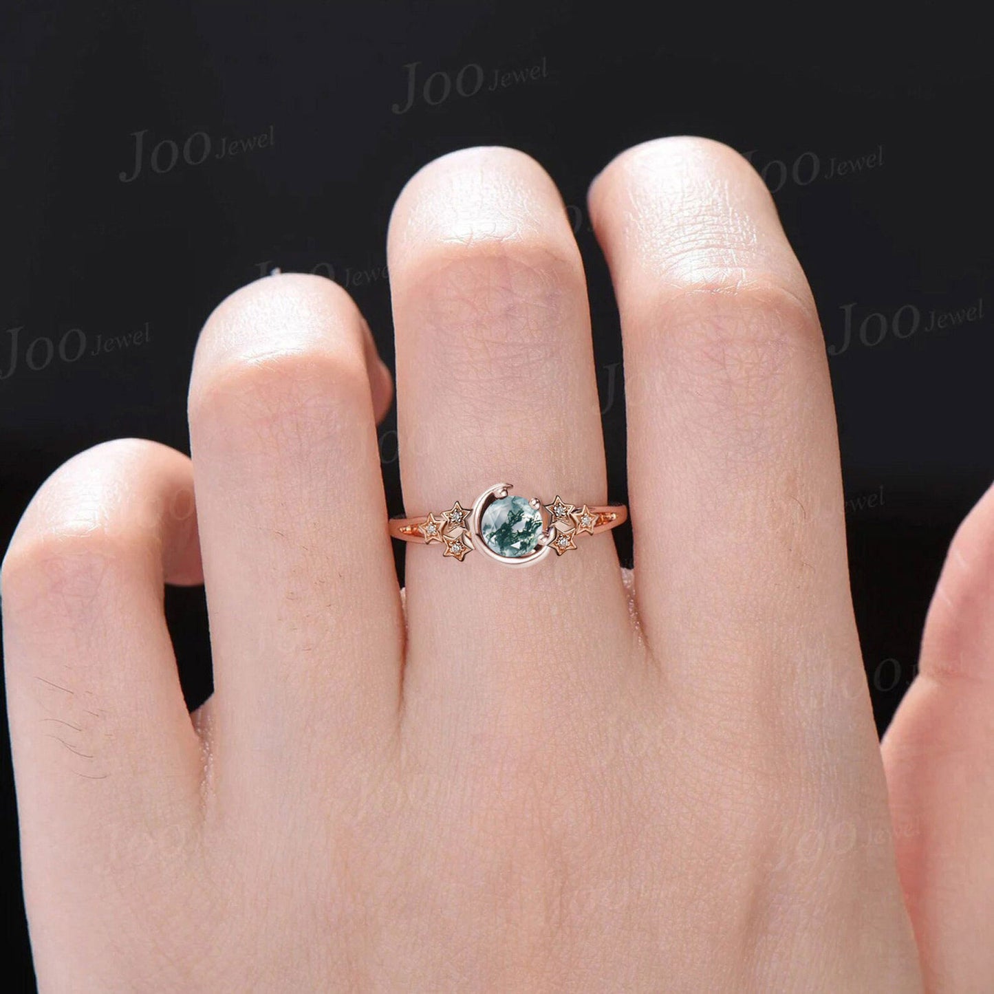 Round Natural Green Moss Agate Moon Promise/Engagement Ring Sterling Silver Split Shank Band Cluster Star Moissanite Wedding Ring for Women