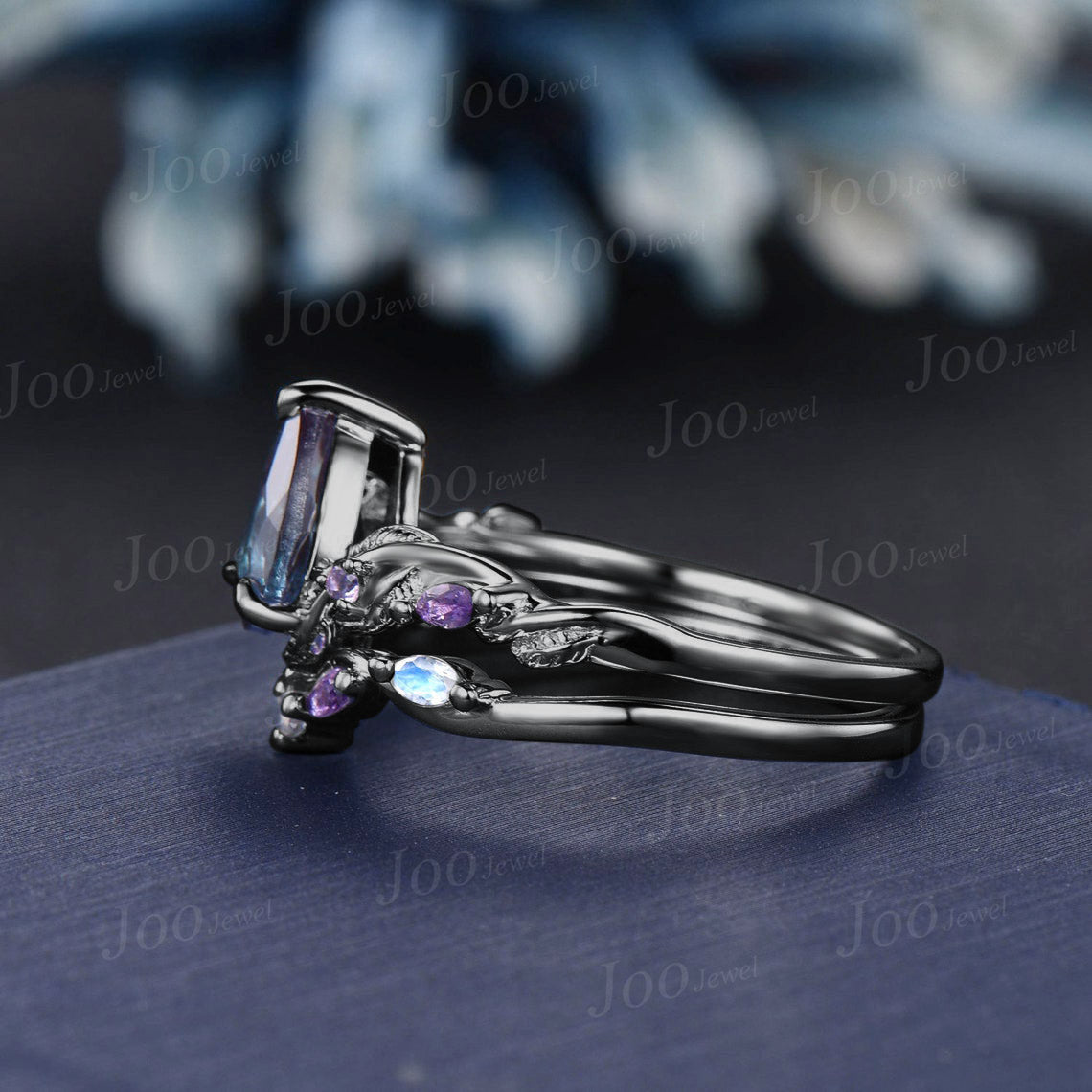Black Ring Set Nature Inspired Color-Change Alexandrite Amethyst Bridal Set Twig Vine Pear Alexandrite Engagement Ring June Birthstone Gifts