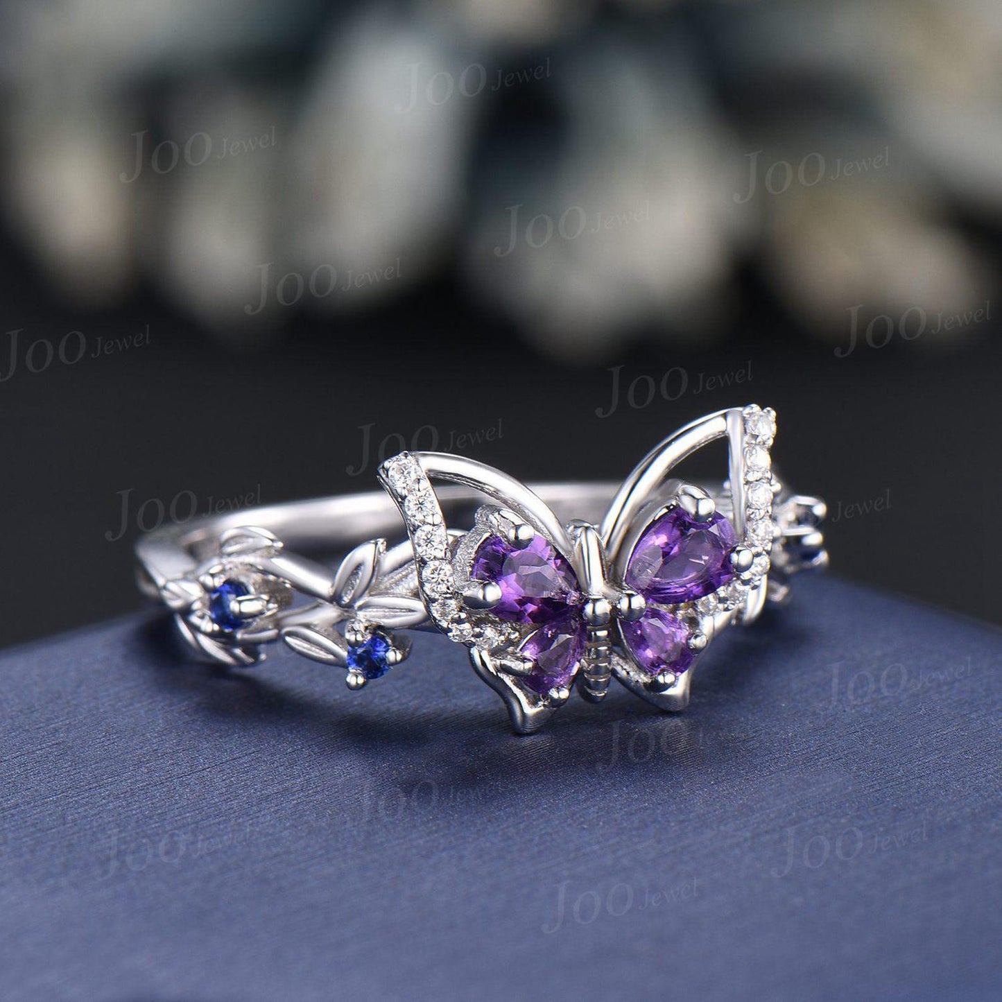 Nature Inspired Pear Natural Amethyst Ring Silver Butterfly Engagement Ring Leaf Vine Wedding Ring Unique February Birthstone Birthday Gifts