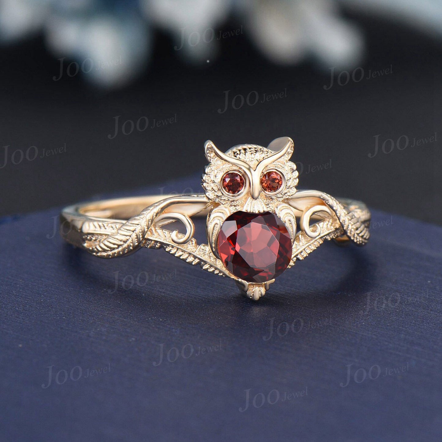 Unique Branch Twig Vine Owl Engagement Ring 14K Yellow Gold Natural Red Garnet Wedding Ring January Birthstone Jewelry Antique Birthday Gift