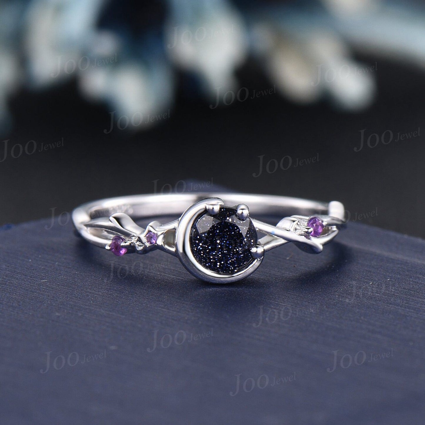 5mm Round Cut Twig Vine Starry Sky Galaxy Blue Sandstone Ring Set Sterling Silver Moon Star Amethyst Ring Celestial Moon Blue Goldstone Ring
