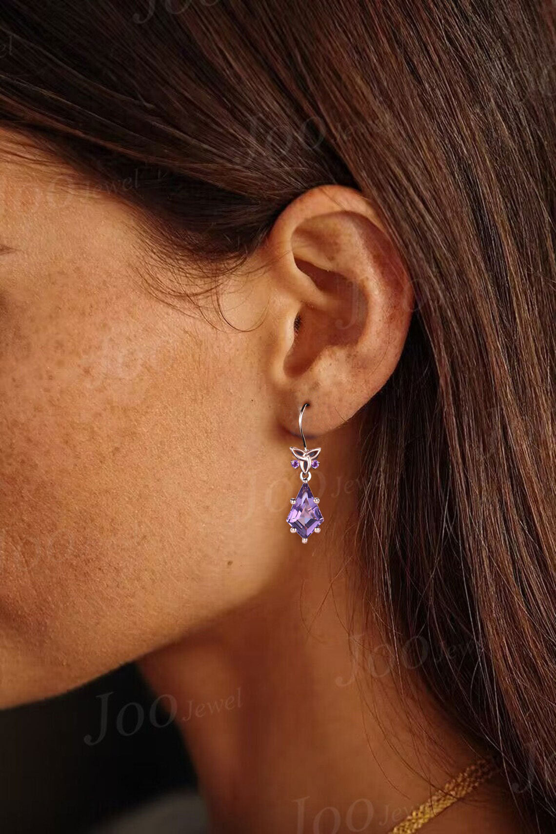 Celtic Trinity Knot Gemstone Drop Earrings Silver 1ct Kite Cut Natural Purple Amethyst Earrings Rose Gold Crystal Dangle Earrings for Women