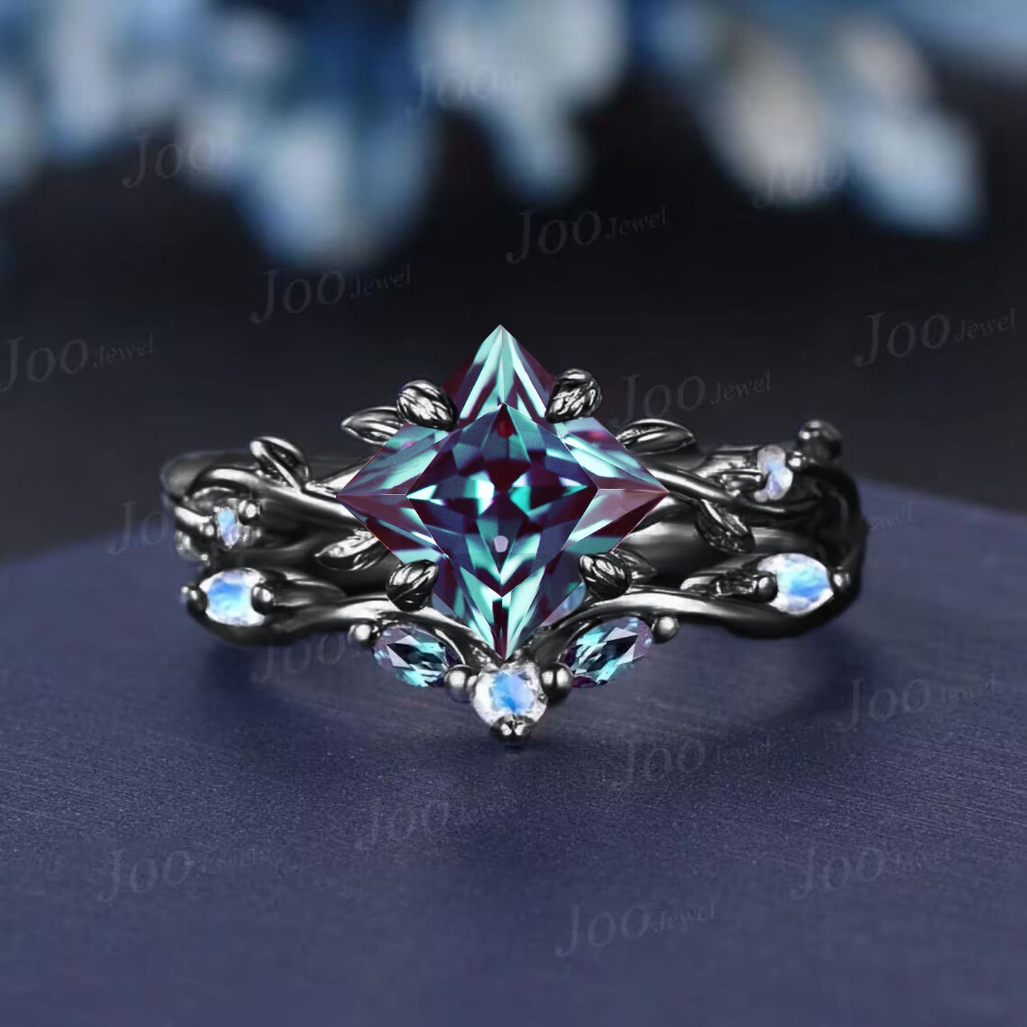 Twig Vine Color-Change Alexandrite Moonstone Bridal Set Sterling Silver Princess Alexandrite Ring Set Unique June Birthstone Wedding Gifts