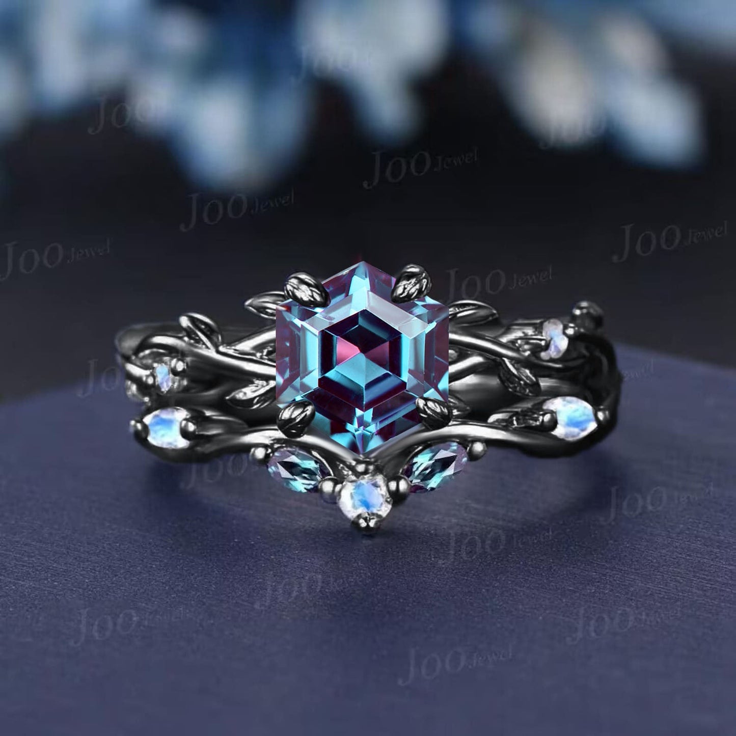 1.2ct Round Alexandrite Ring Set 14K Black Gold Nature Inspired Color-Change Alexandrite Moonstone Bridal Set Twig Vine Promise Ring Women