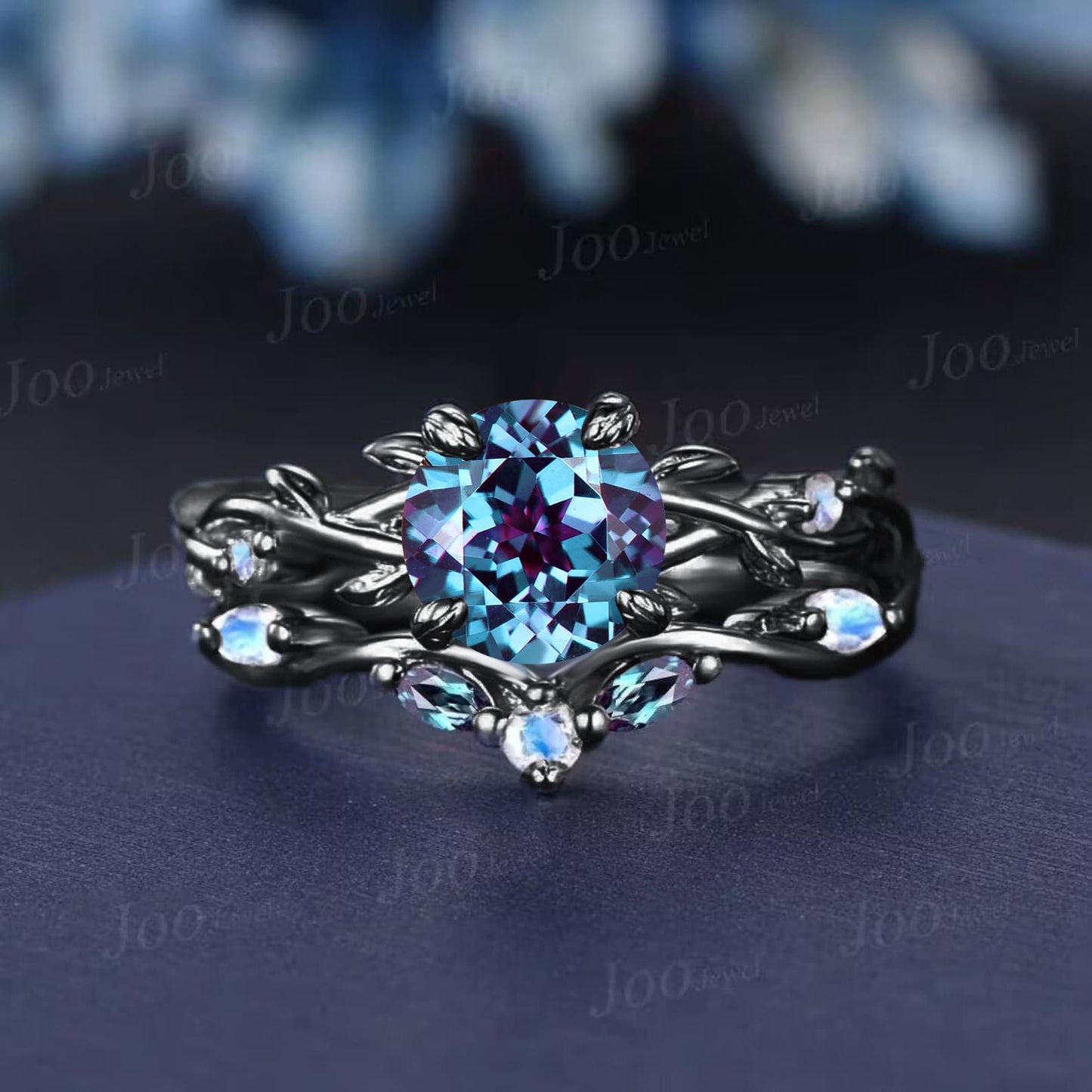 1.2ct Round Alexandrite Ring Set 14K Black Gold Nature Inspired Color-Change Alexandrite Moonstone Bridal Set Twig Vine Promise Ring Women