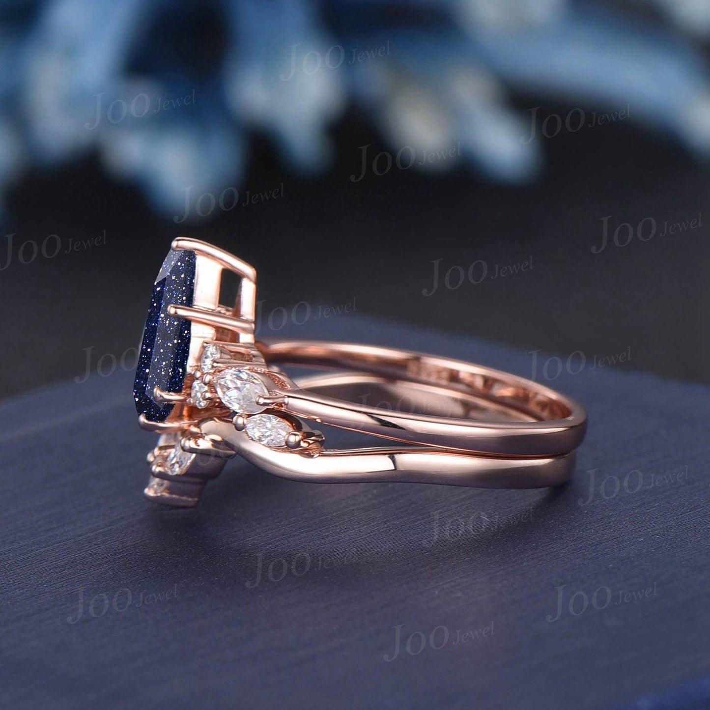 Galaxy Blue Goldstone Kite Engagement Ring Set 14K Rose Gold Marquise Moissanite Black Spinel Bridal Ring Unique Anniversary/Promise Gifts