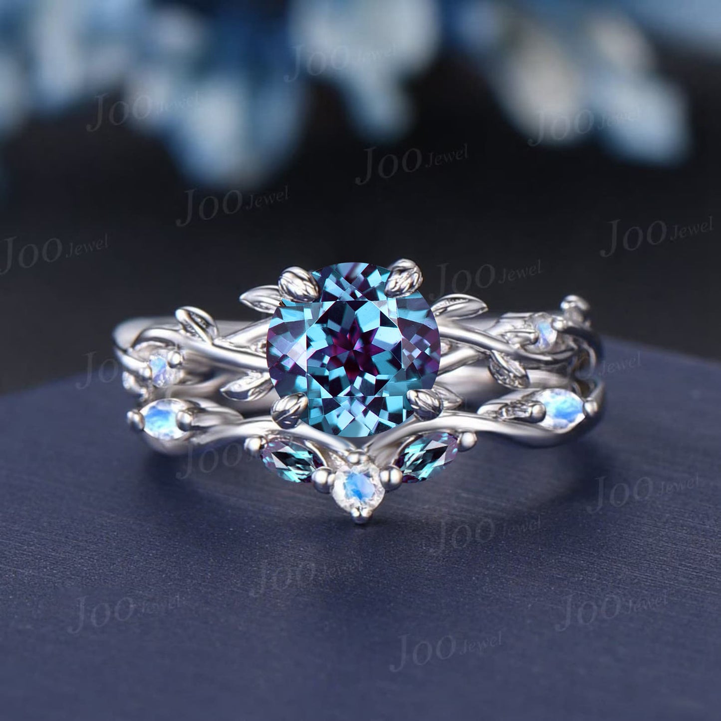 1.2ct Round Alexandrite Ring Set 14K Black Gold Nature Inspired Color-Change Alexandrite Moonstone Bridal Set Twig Vine Promise Ring Women