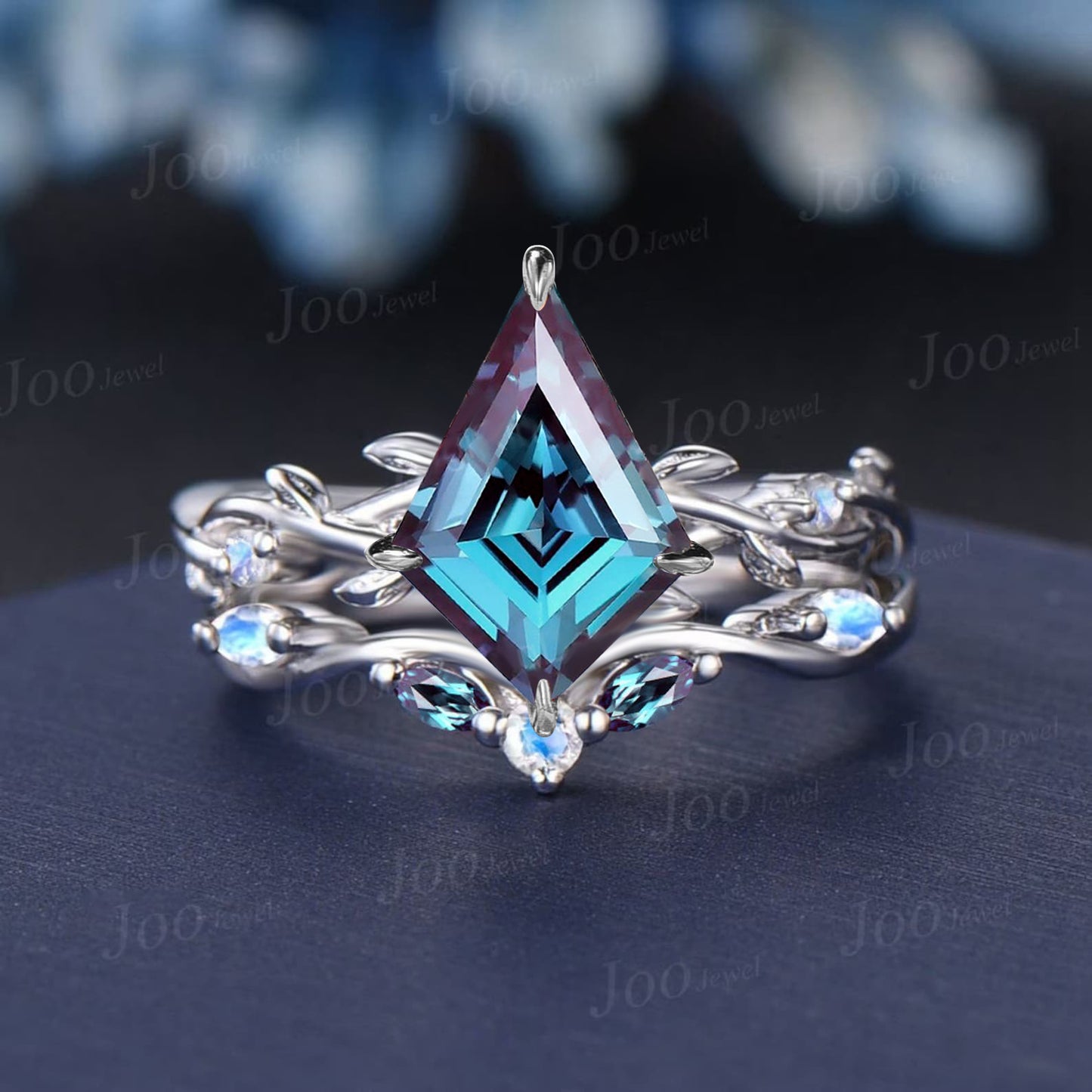 Twig Vine Color-Change Alexandrite Moonstone Bridal Set Sterling Silver Princess Alexandrite Ring Set Unique June Birthstone Wedding Gifts