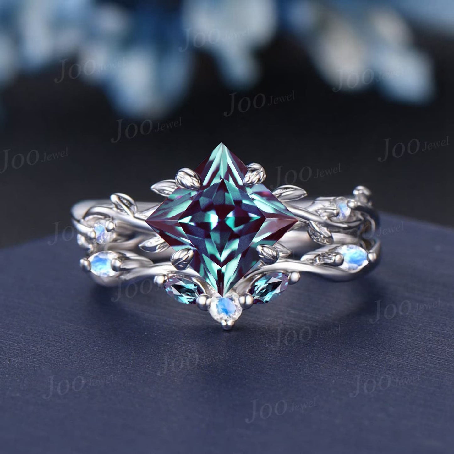 1.2ct Round Alexandrite Ring Set 14K Black Gold Nature Inspired Color-Change Alexandrite Moonstone Bridal Set Twig Vine Promise Ring Women