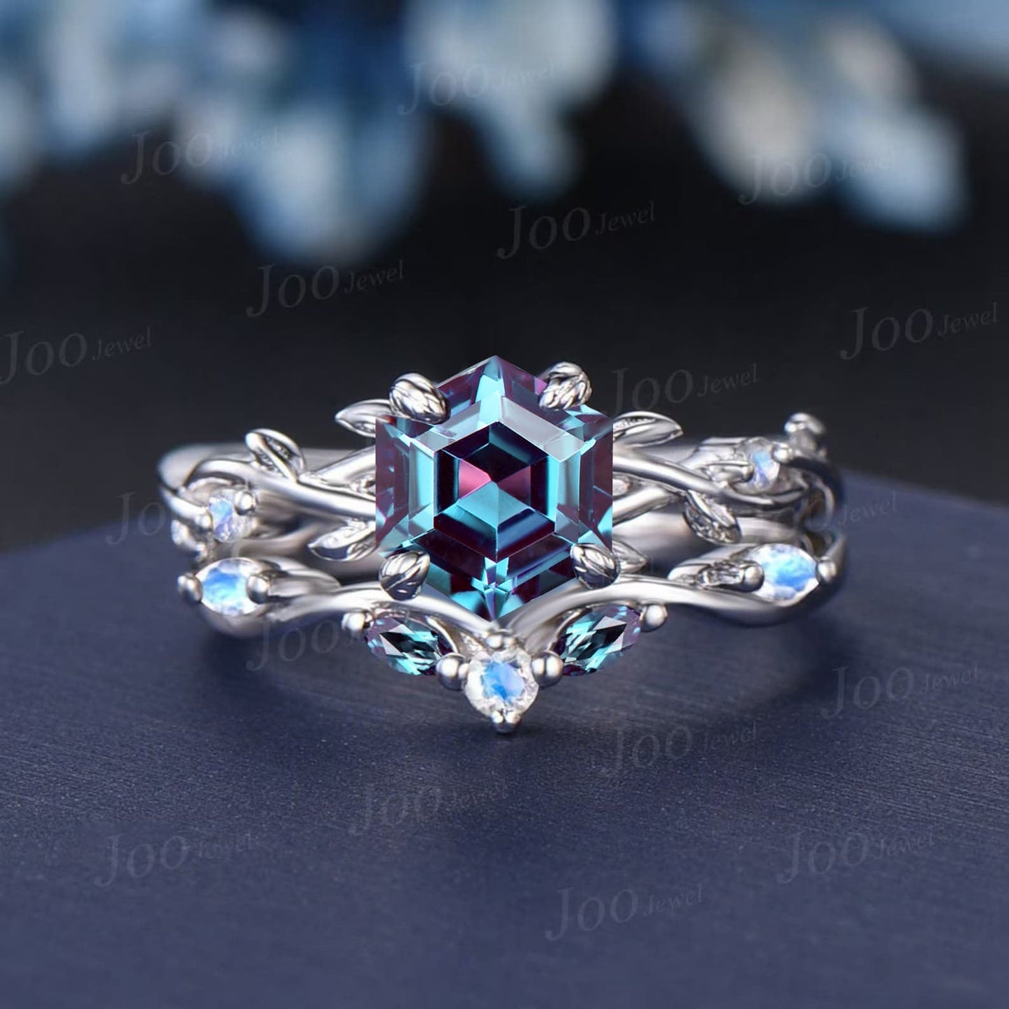 1.2ct Round Alexandrite Ring Set 14K Black Gold Nature Inspired Color-Change Alexandrite Moonstone Bridal Set Twig Vine Promise Ring Women
