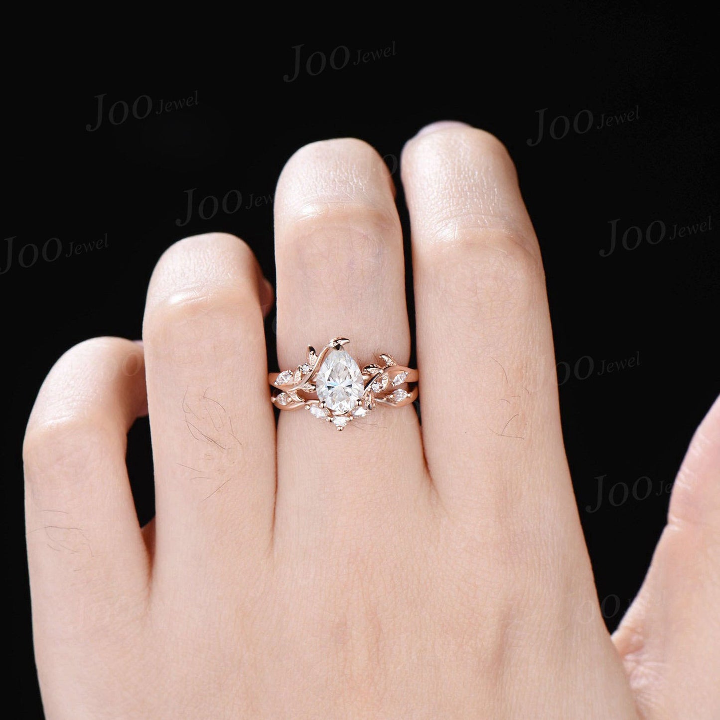 Pear Moissanite Engagement Ring Set 10K Rose Gold Teardrop Moissanite Wedding Ring Nature Inspired Ring Diamond Bridal Set