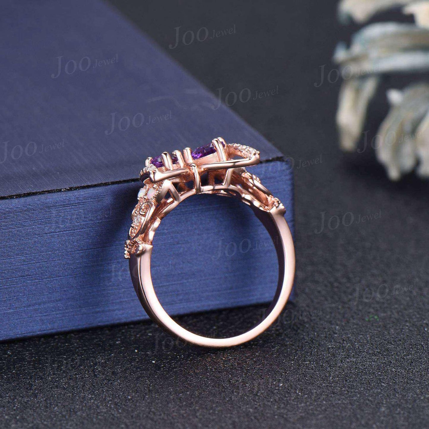 Unique Amethyst Opal Butterfly Engagement Ring 14K Solid Rose Gold Filigree Hollow Crafts Vintage Fantasy Bridal Set Butterfly Wedding rings