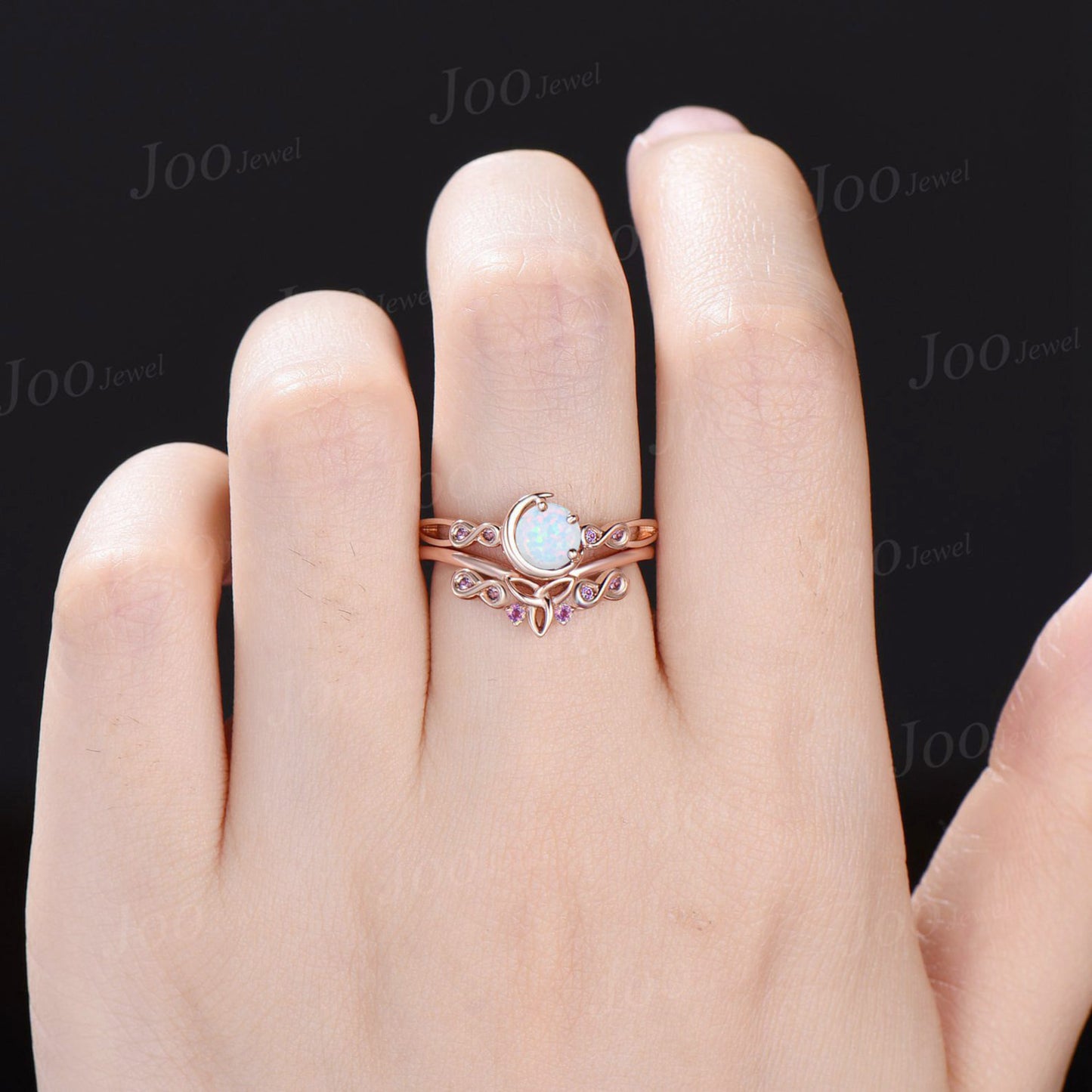 Unique Infinity Bridal Set 5mm Round White Fire Opal Engagement Ring Set Cluster Amethyst Ring Celtic Trinity Knot Infinity Wedding Ring Set