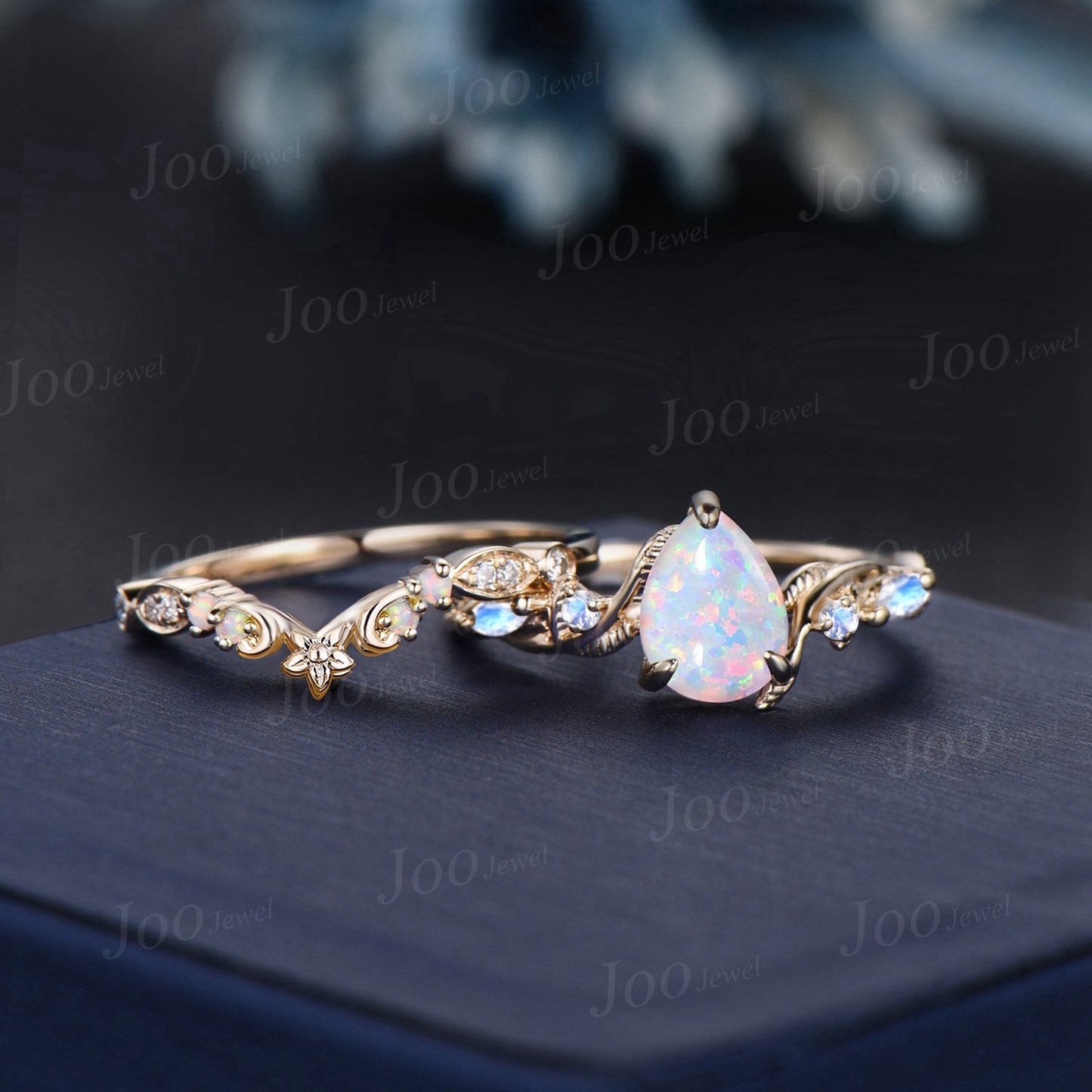 14K Yellow Gold Fire Opal Ring Set Pear White Opal Moonstone Nature Engagement Ring Opal Floral Rose Wedding Band October Birthstone Gifts