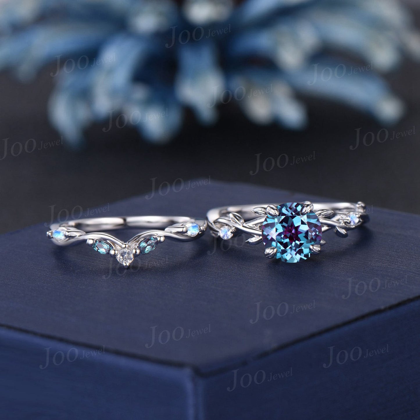1.2ct Round Alexandrite Ring Set 14K Black Gold Nature Inspired Color-Change Alexandrite Moonstone Bridal Set Twig Vine Promise Ring Women