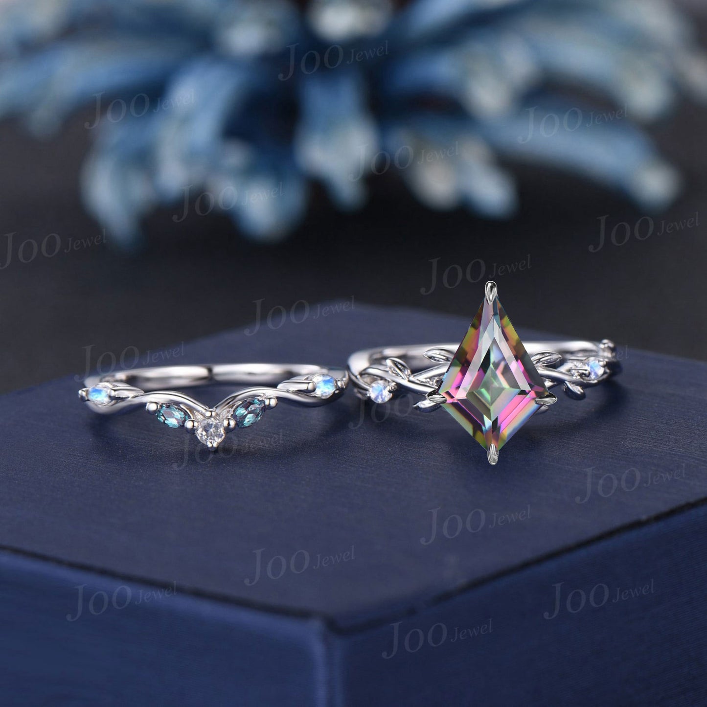 Black Gold Rainbow Mystic Topaz Moonstone Wedding Ring Set Kite Cut Mystic Topaz Bridal Set Unique Art Deco Alexandrite Twig Vine Leaf Ring