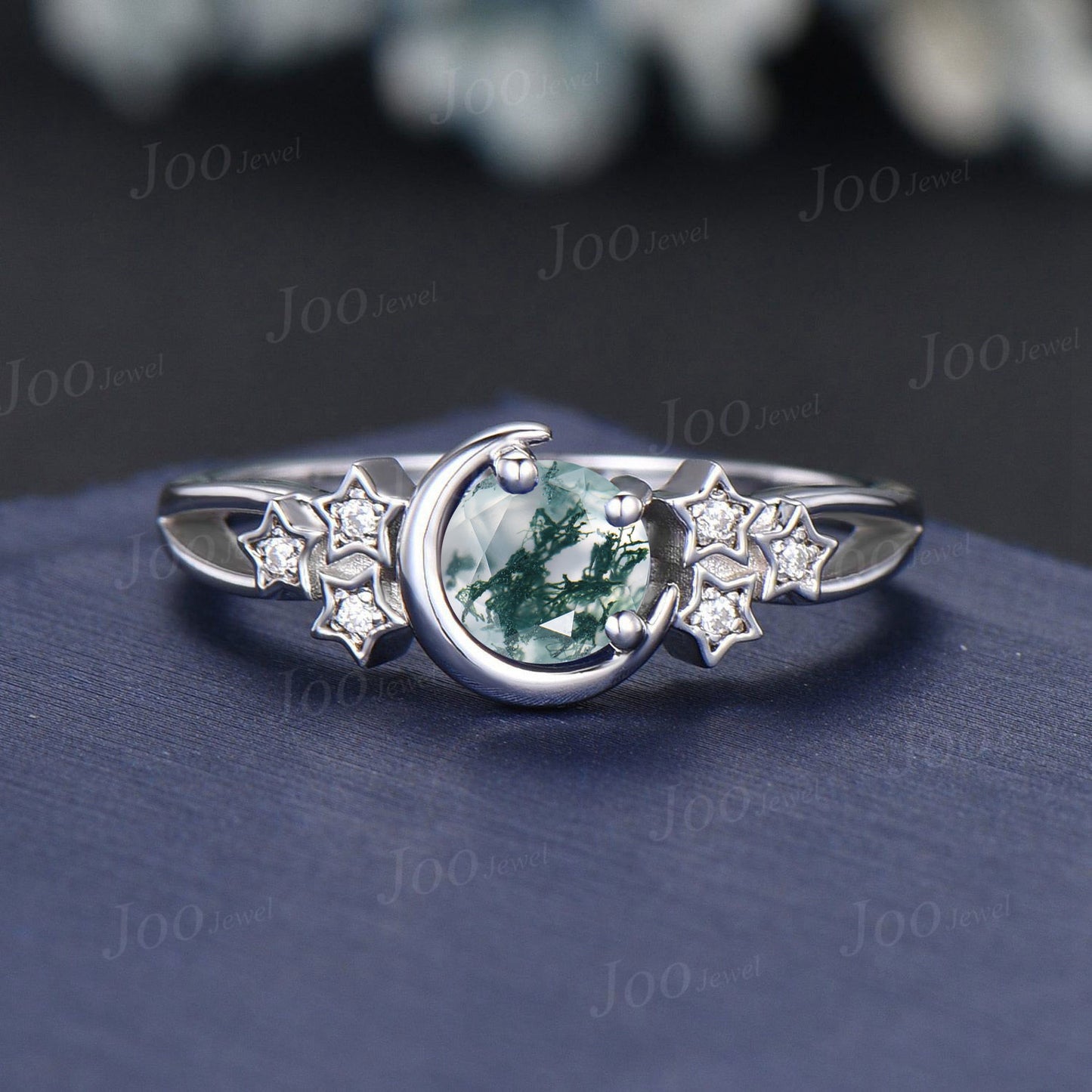 Round Natural Green Moss Agate Moon Promise/Engagement Ring Sterling Silver Split Shank Band Cluster Star Moissanite Wedding Ring for Women
